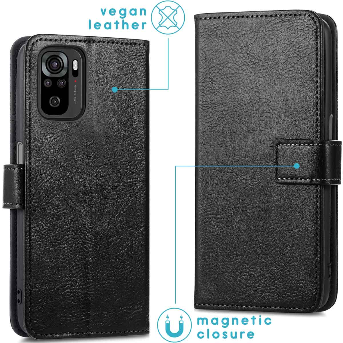 Custodia per telefono in ecopelle nera con chiusura magnetica.