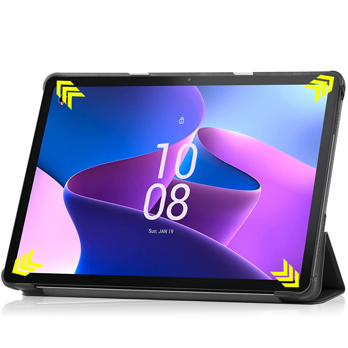Tablet with screen displaying digital interface. Arrows indicate corners. Text: 10 08 Jan 19.