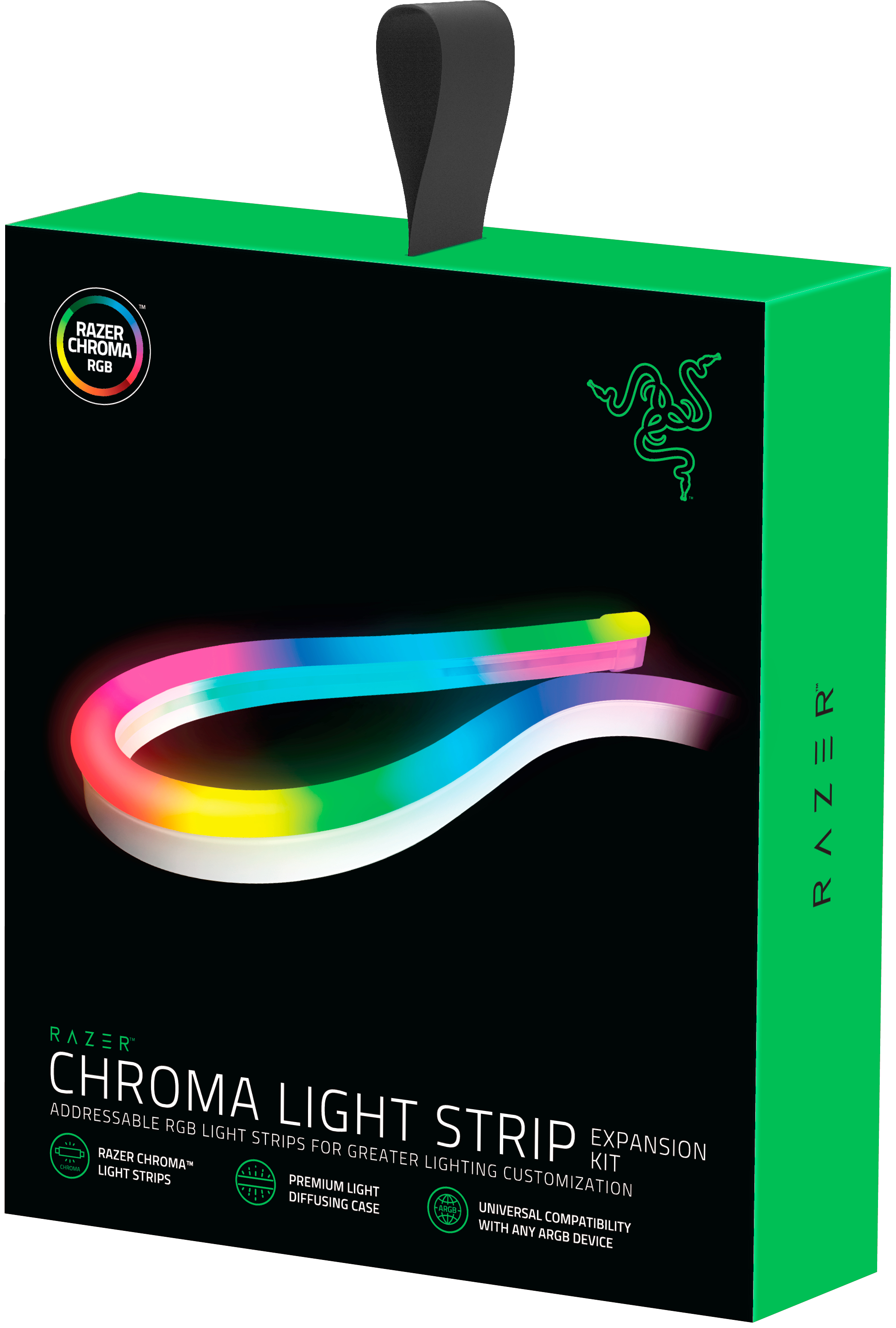 Razer Chroma RGB Lichtleisten-Box. Eine grüne Box mit Razer-Logo und einem Lichtstreifen im Inneren, der mehrere Farben zeigt.
