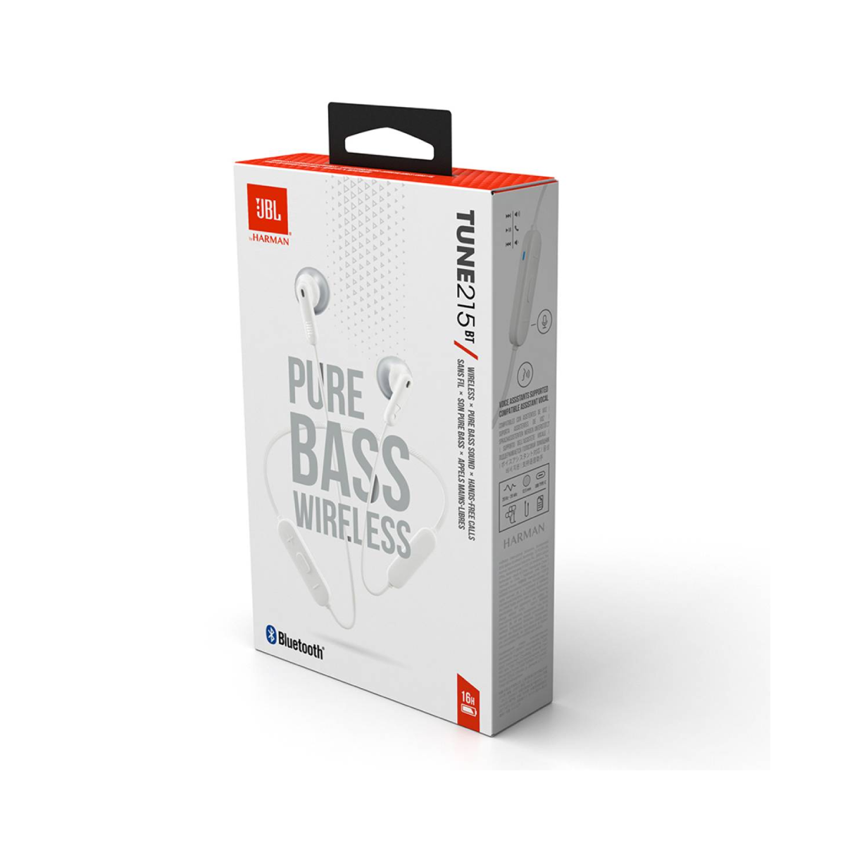 Caja JBL TUNE215BT. Es blanca, con imágenes de auriculares y texto. Logotipo de Bluetooth visible.