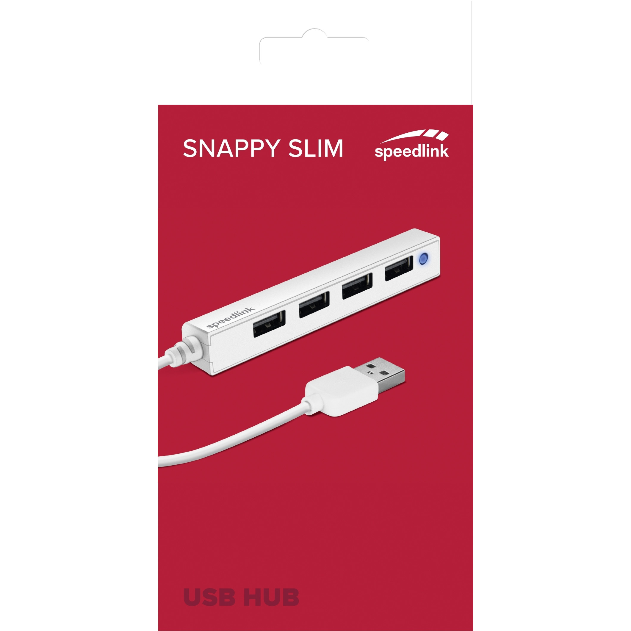 Witte USB-hub met 4 poorten.  Het heeft een USB-kabel. Verpakking heeft de tekst: SNAPPY SLIM, USB HUB.