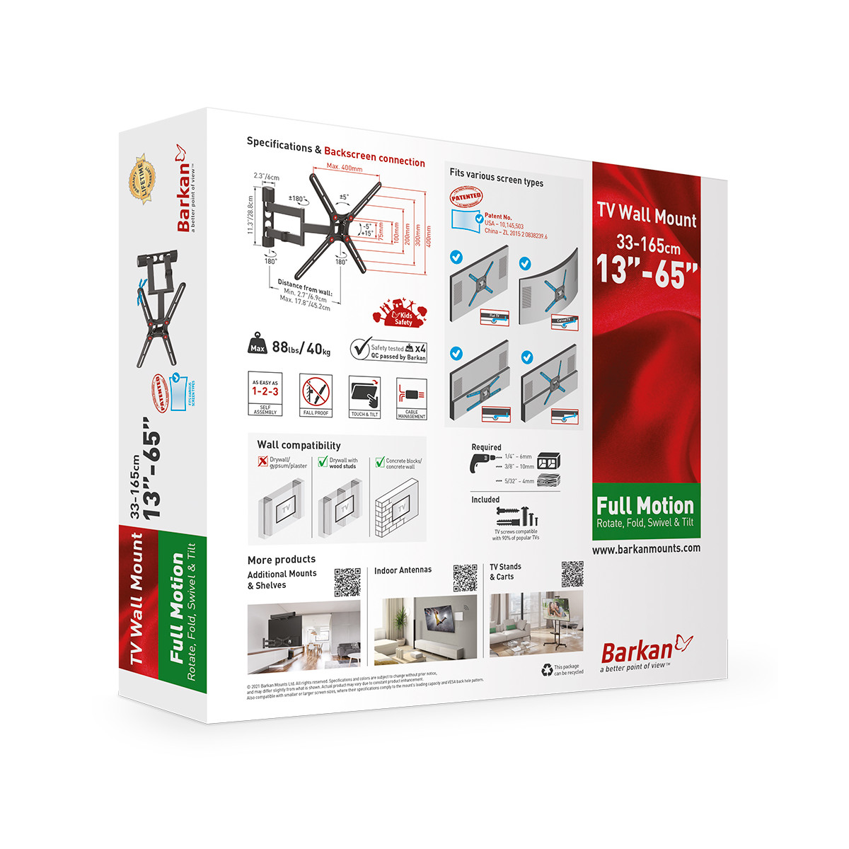 Eine Box mit Text: TV Wall Mount 13-65, Barkan. Enthält Diagramme und Bilder des Produkts.