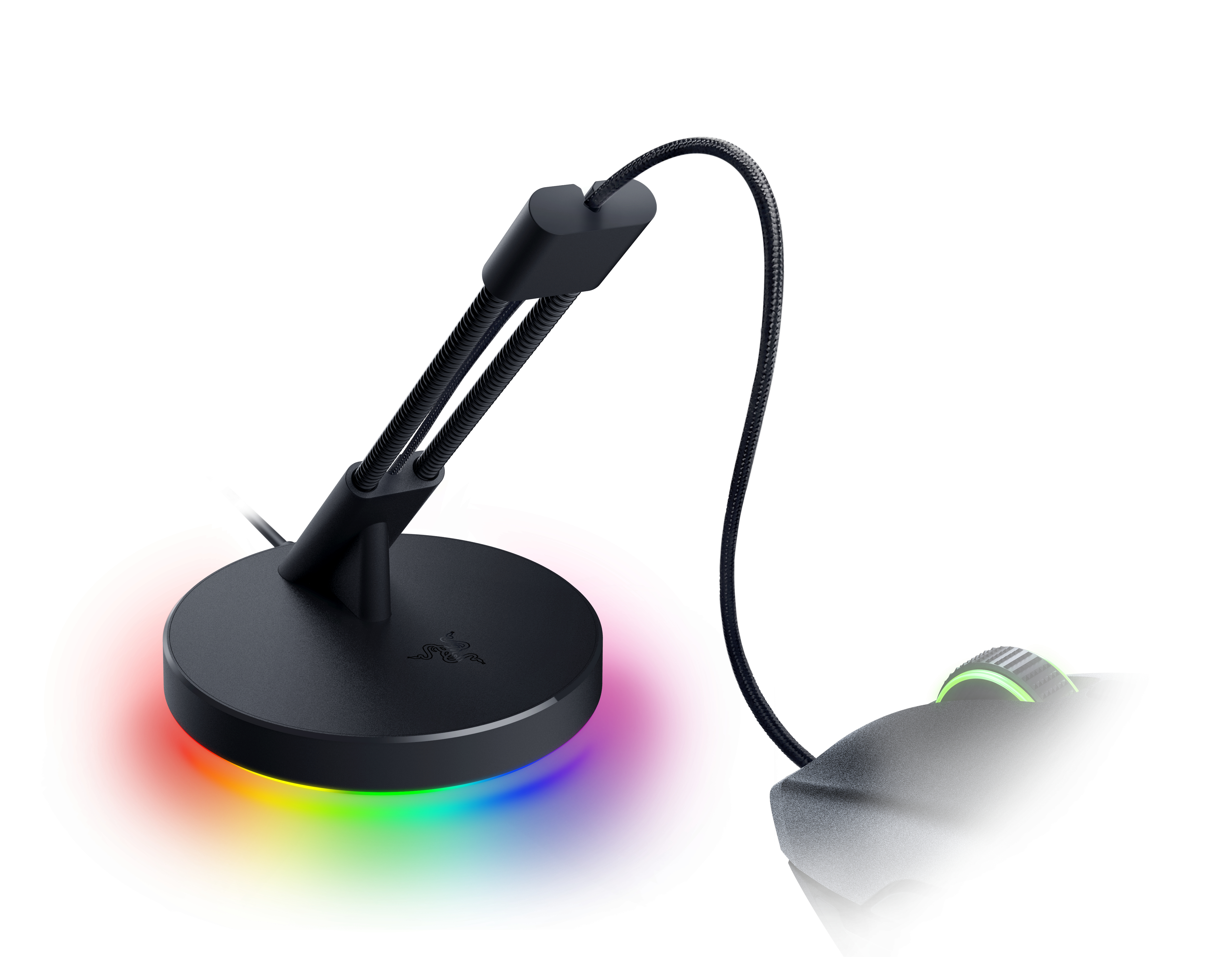 Zwarte microfoonstandaard met RGB-voet. De standaard staat op een witte achtergrond.