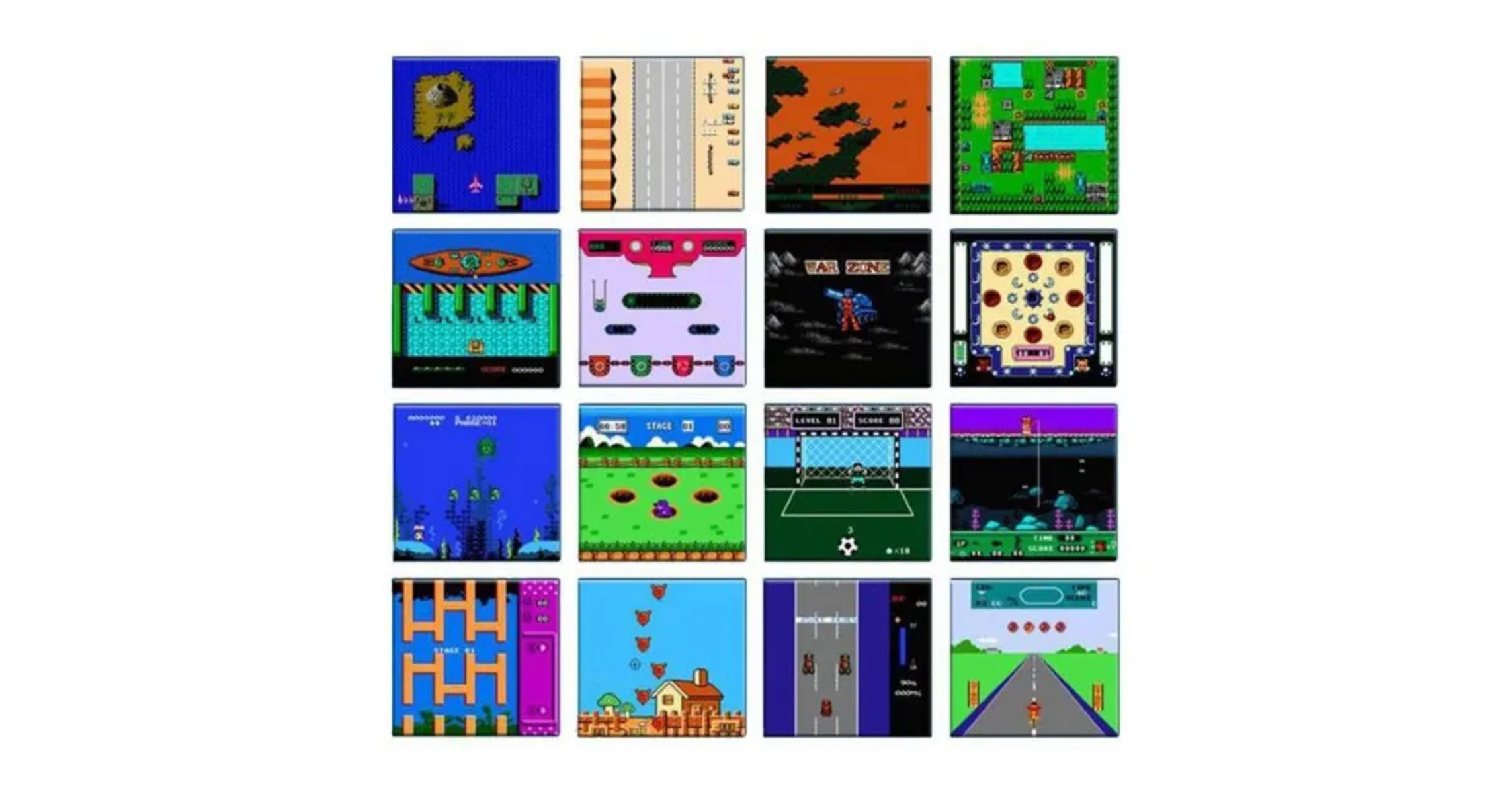 Un collage de 16 capturas de pantalla de juegos retro, con varios gráficos pixelados.