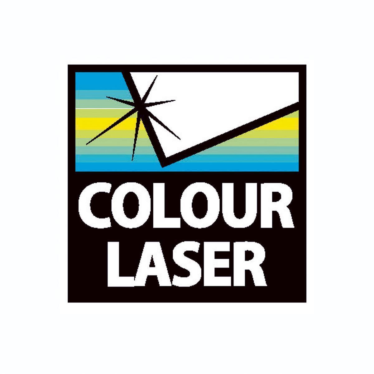 Logo Colour Laser z wzorem rozbłysku gwiazdy na czarnym tle.
