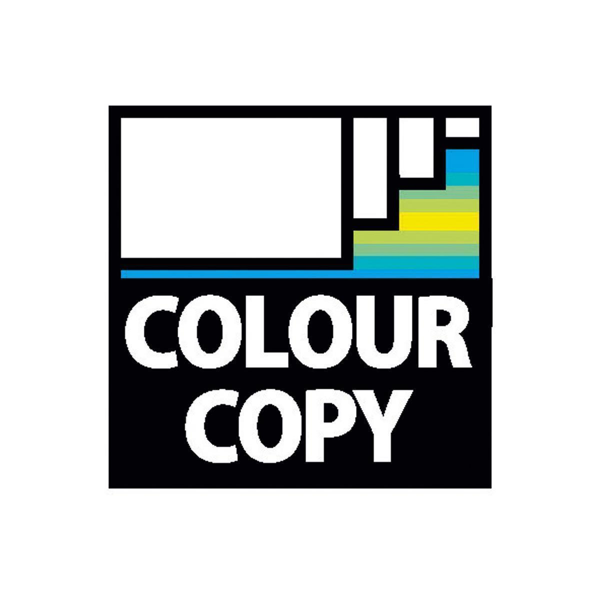 Czarny kwadrat z białym tekstem "COLOUR COPY" i paskiem kolorów u góry.