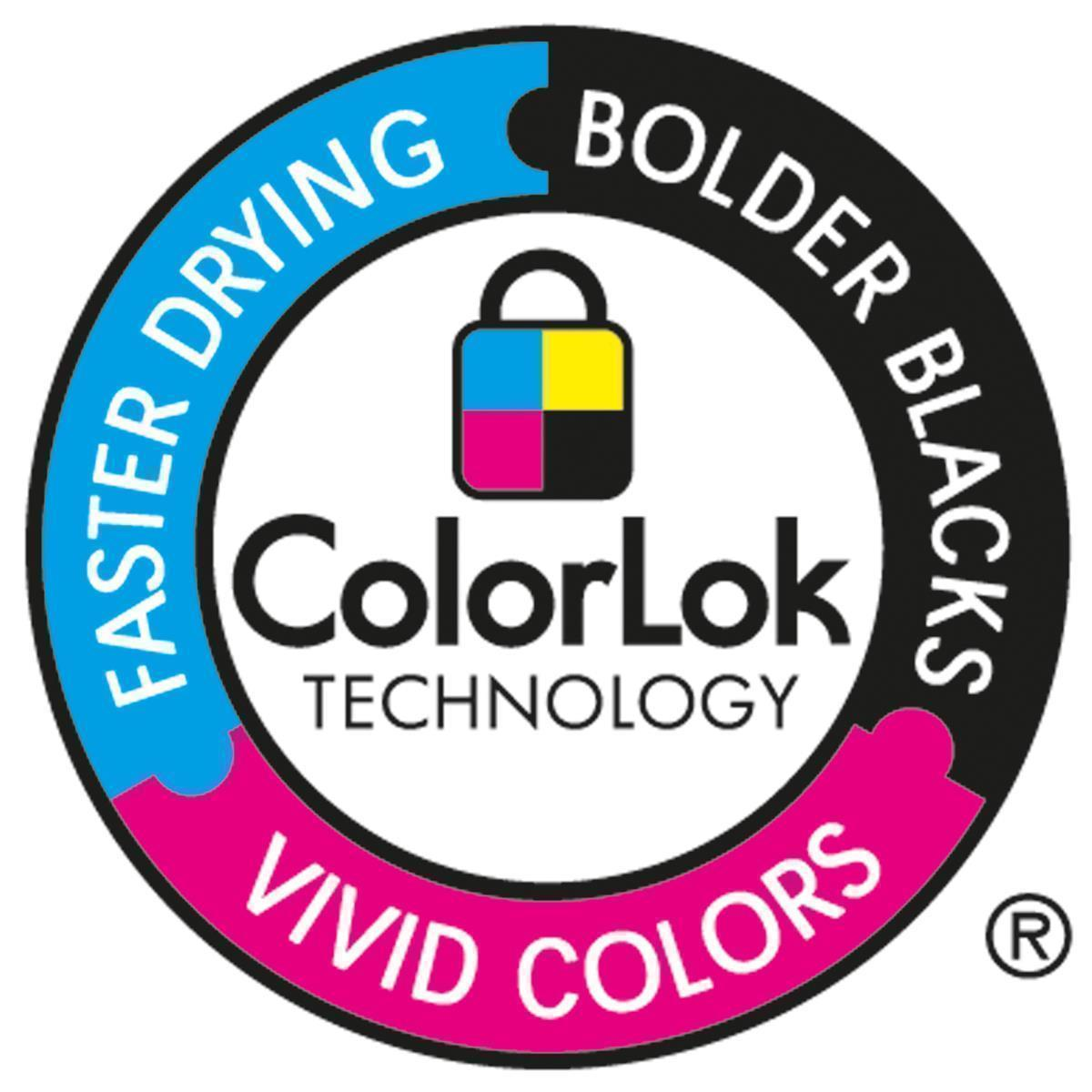 Kreisförmiges Logo mit dem Text 'ColorLok' und 'Faster Drying, Bolder Blacks, Vivid Colors'.