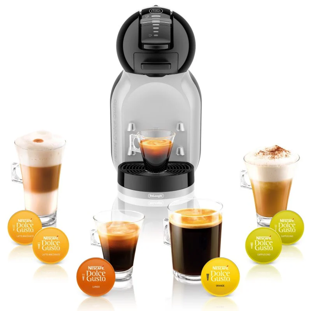 Ekspres do kawy Dolce Gusto z kapsułkami do kawy i filiżankami do kawy, różne rodzaje.