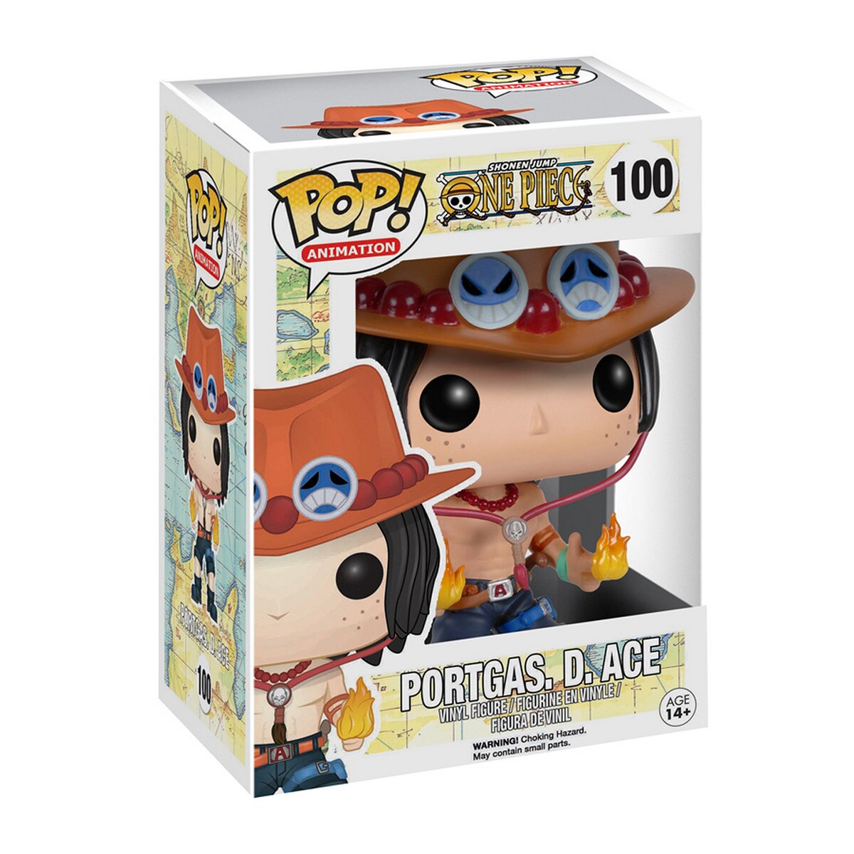 Funko Pop Figur von Portgas D. Ace aus One Piece, in einer Box. Figur mit braunem Hut.