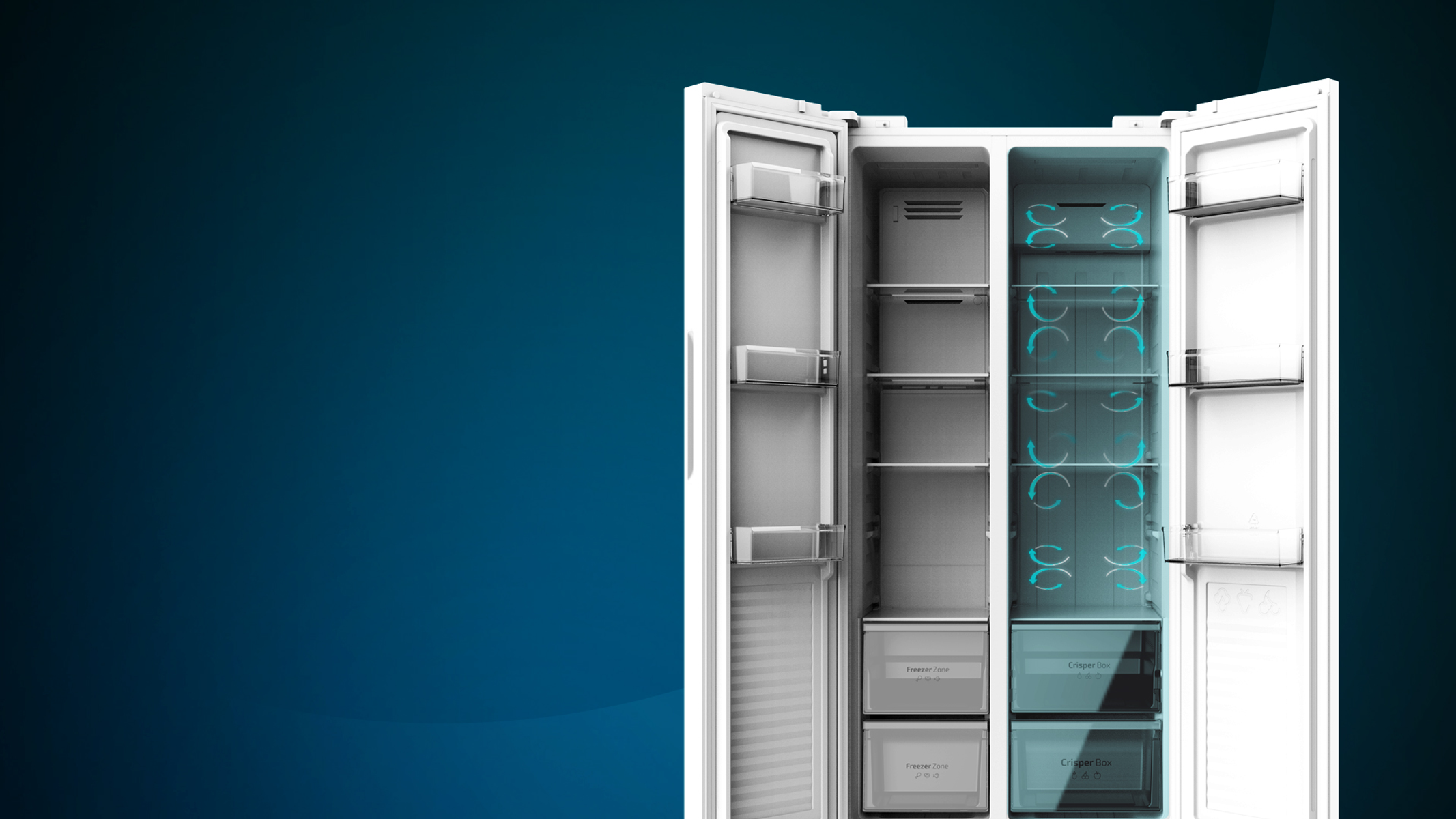 Otwarta lodówka z półkami i szufladami. Niebieskie linie przepływu powietrza wewnątrz. Tło jest granatowe.
