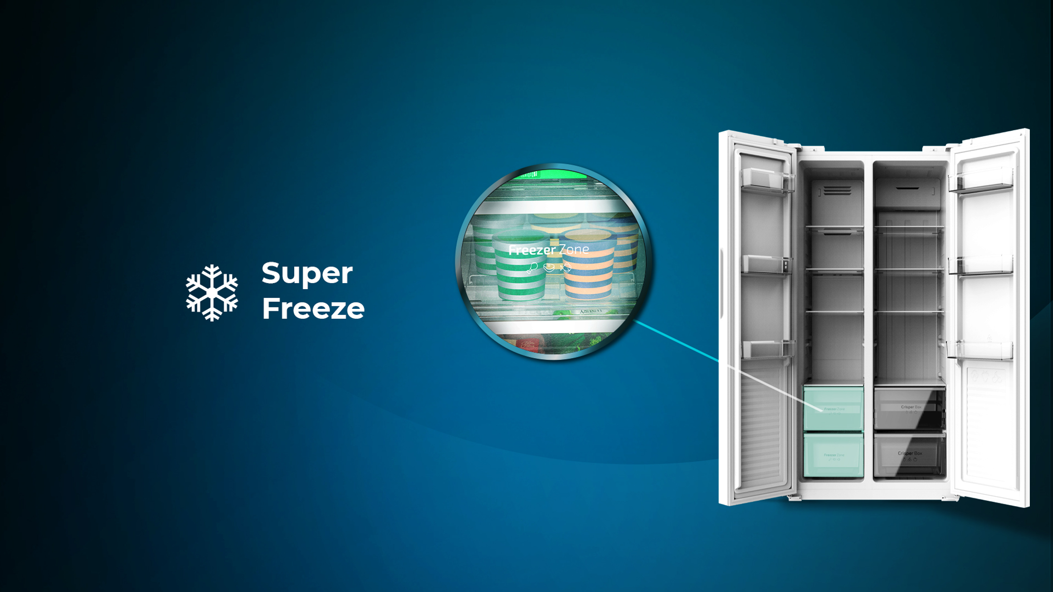 Lodówka z otwartymi drzwiami. Wewnątrz strefa zamrażania z produktami spożywczymi.