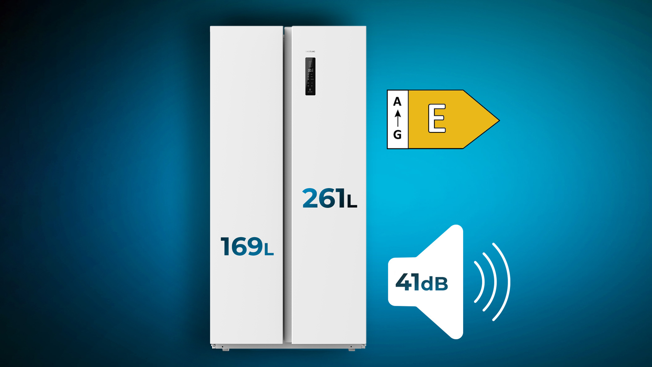 Biała lodówka ze wskaźnikami klasy energetycznej i poziomu dźwięku na niebieskim tle.
