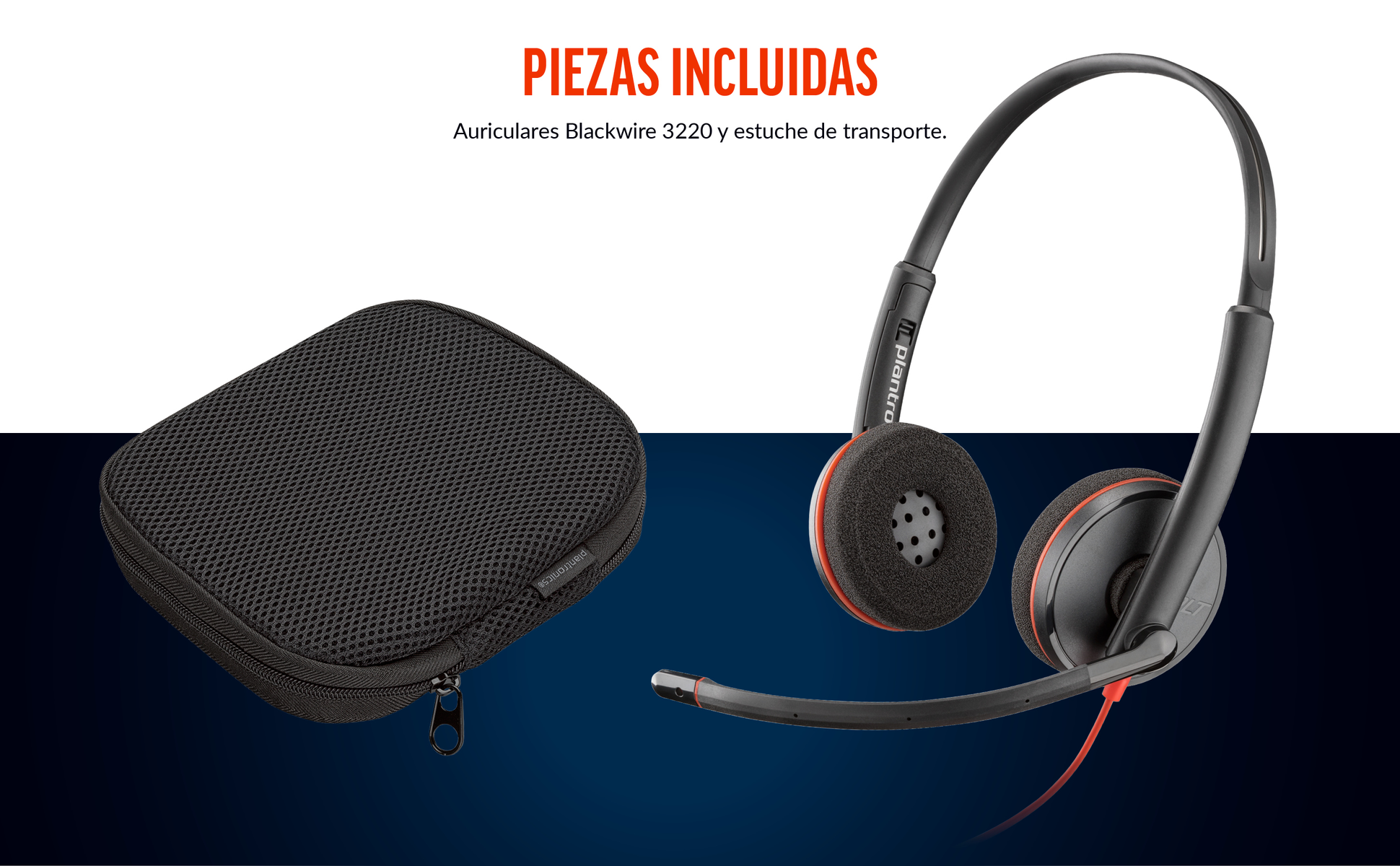 Zestaw słuchawkowy i etui na białej powierzchni z niebieskim tłem gradientowym.