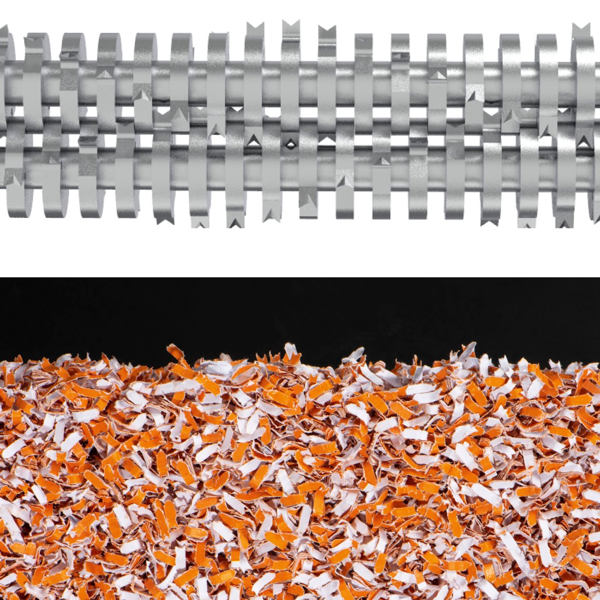 Zbliżenie na ostrza niszczarki do papieru nad pociętym papierem. Kolory biały, pomarańczowy i czarny.