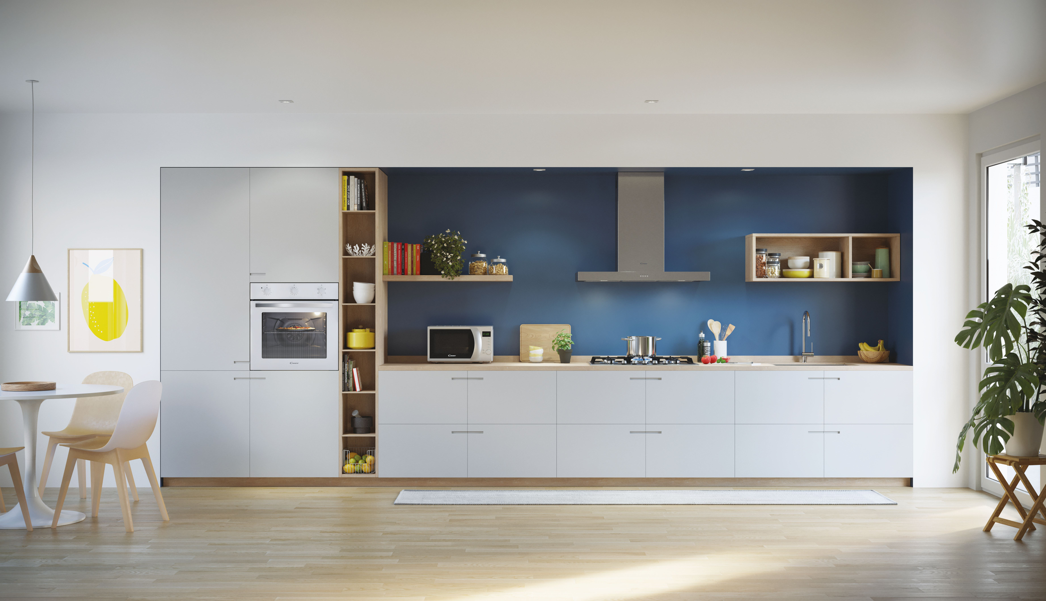 Cucina moderna con mobili bianchi, parete blu e dettagli in legno. Include elettrodomestici e decorazioni.