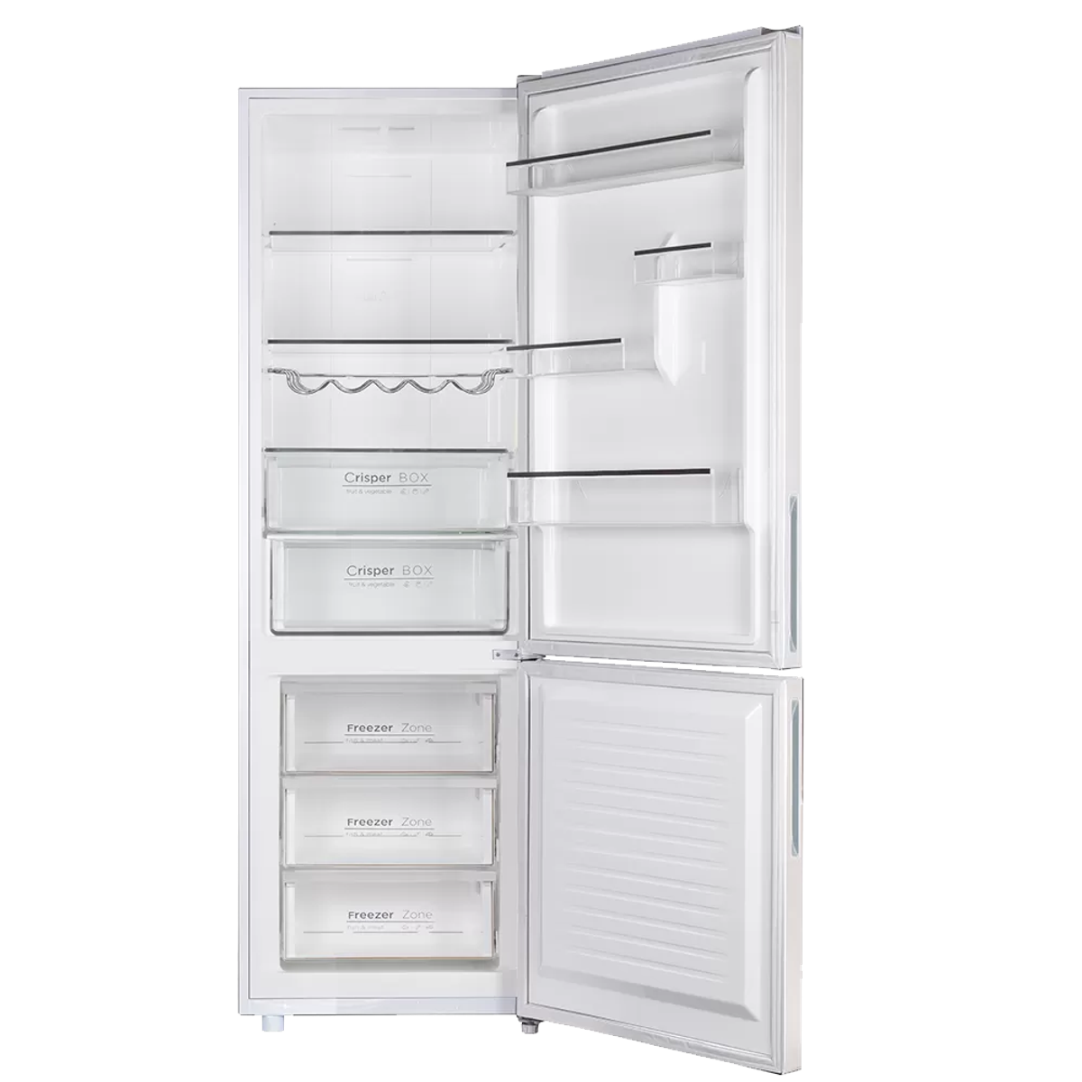 Refrigerador blanco con puertas abiertas, mostrando estantes, cajones y máquina de hielo.