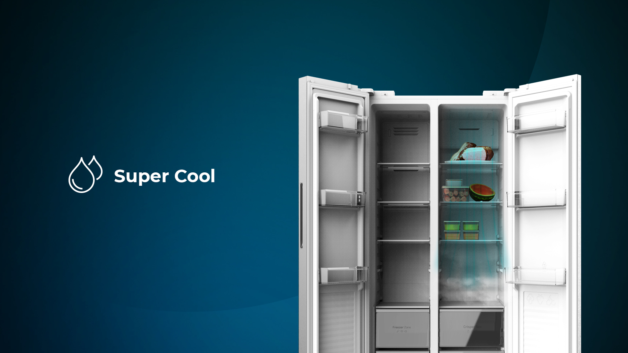 Biała lodówka z otwartymi drzwiami. W środku widoczne są przedmioty, takie jak jedzenie i półki.