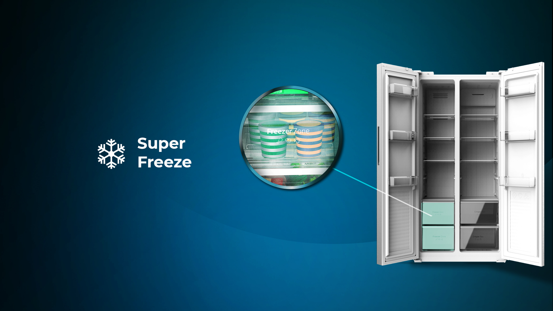Lodówka z otwartymi drzwiami pokazująca półki z jedzeniem. Tekst 'Super Freeze' po lewej stronie.
