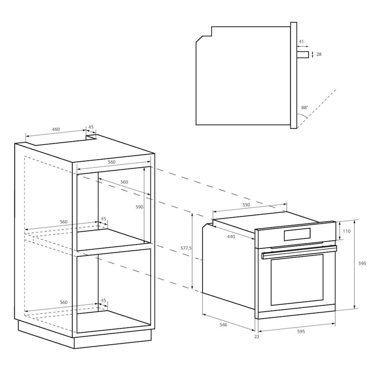 Disegno tecnico di una cucina con misure per forno e armadi.