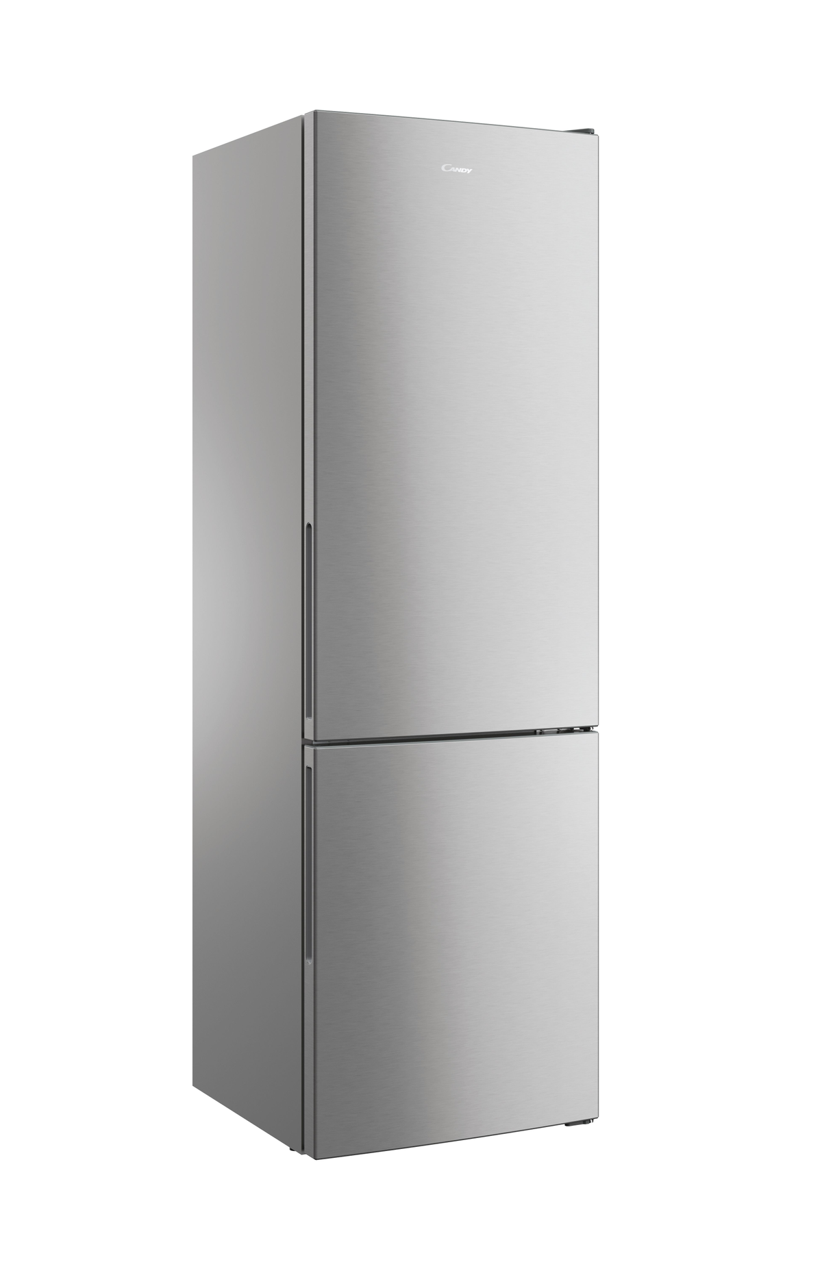 Un refrigerador plateado con congelador inferior, de pie solo.