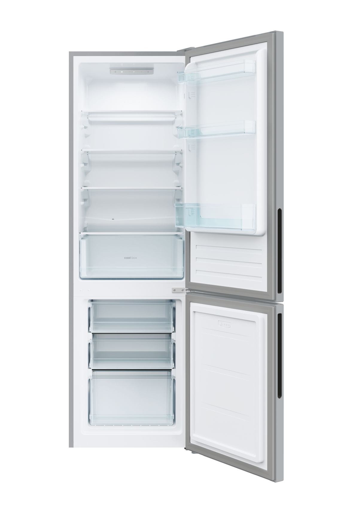 Refrigerador abierto con muchos estantes, cajones e interior blanco.