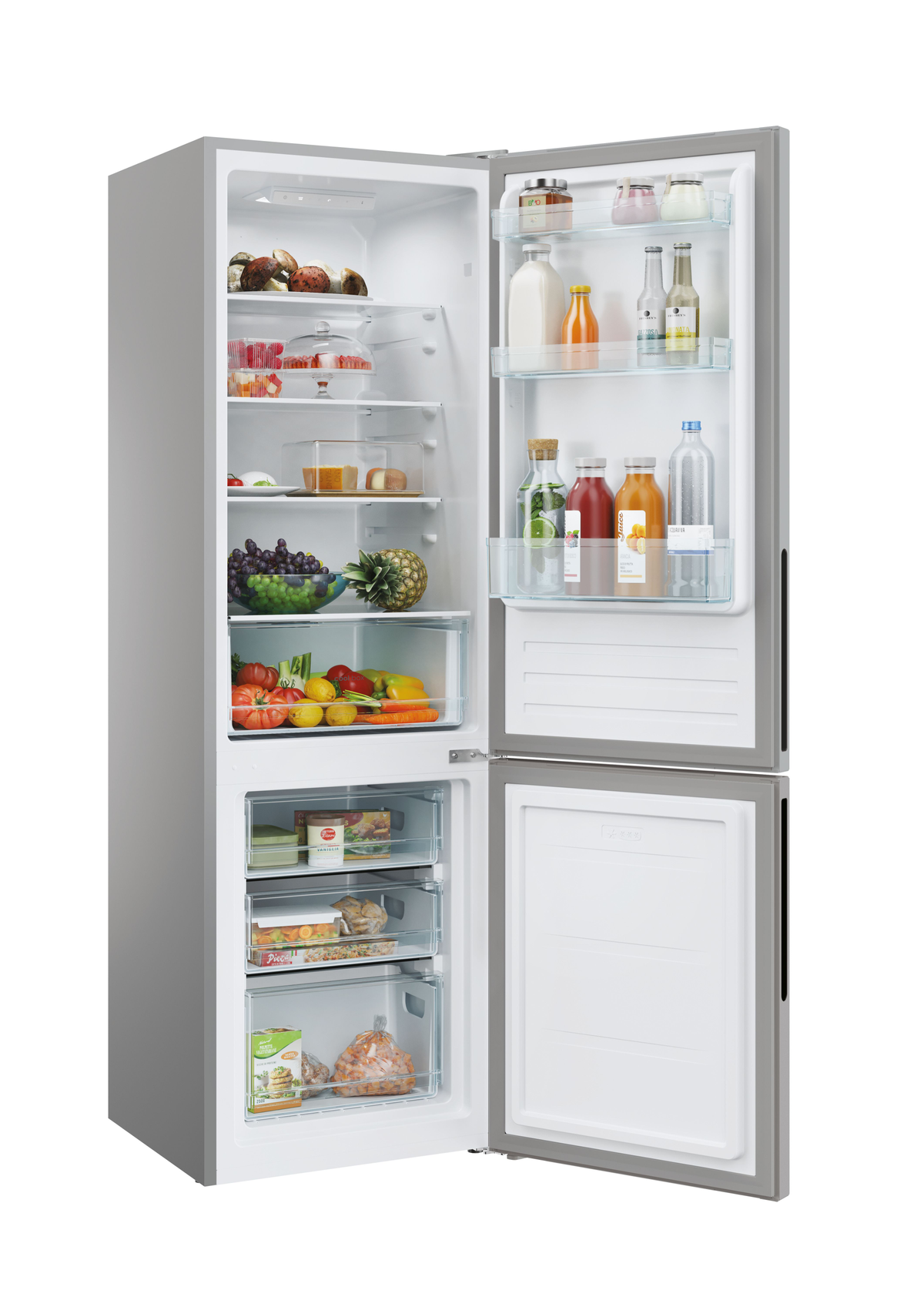 Refrigerador abierto con comida. Frutas, bebidas y otros artículos visibles.
