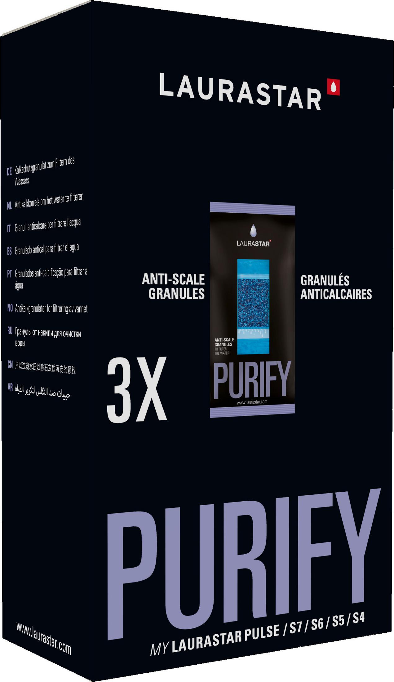 Pudełko granulek antywapiennych Laurastar, z widoczną saszetką granulek.