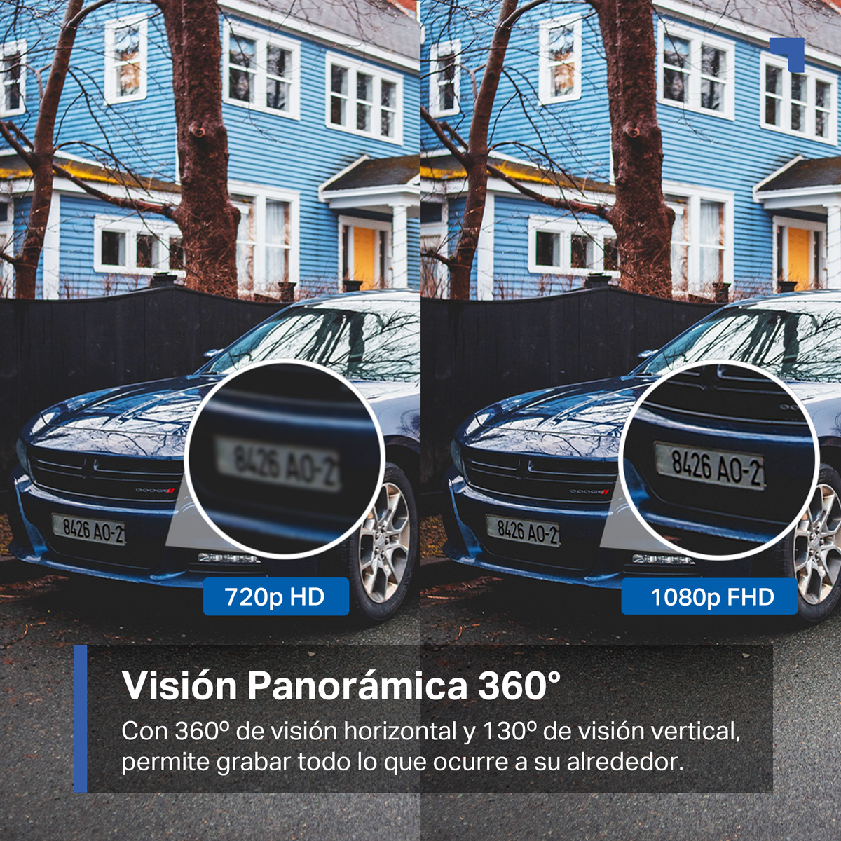 Obraz porównujący jakość wideo: 720p HD vs 1080p FHD, z samochodem i domami.