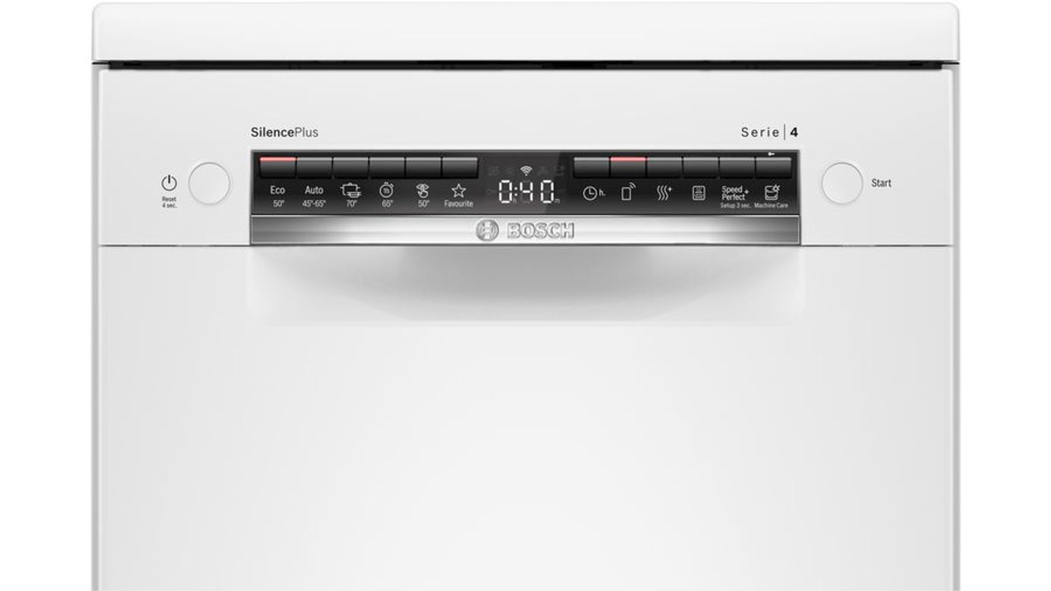 Biała zmywarka z panelem sterowania pokazującym czas 0:40 i markę Bosch.