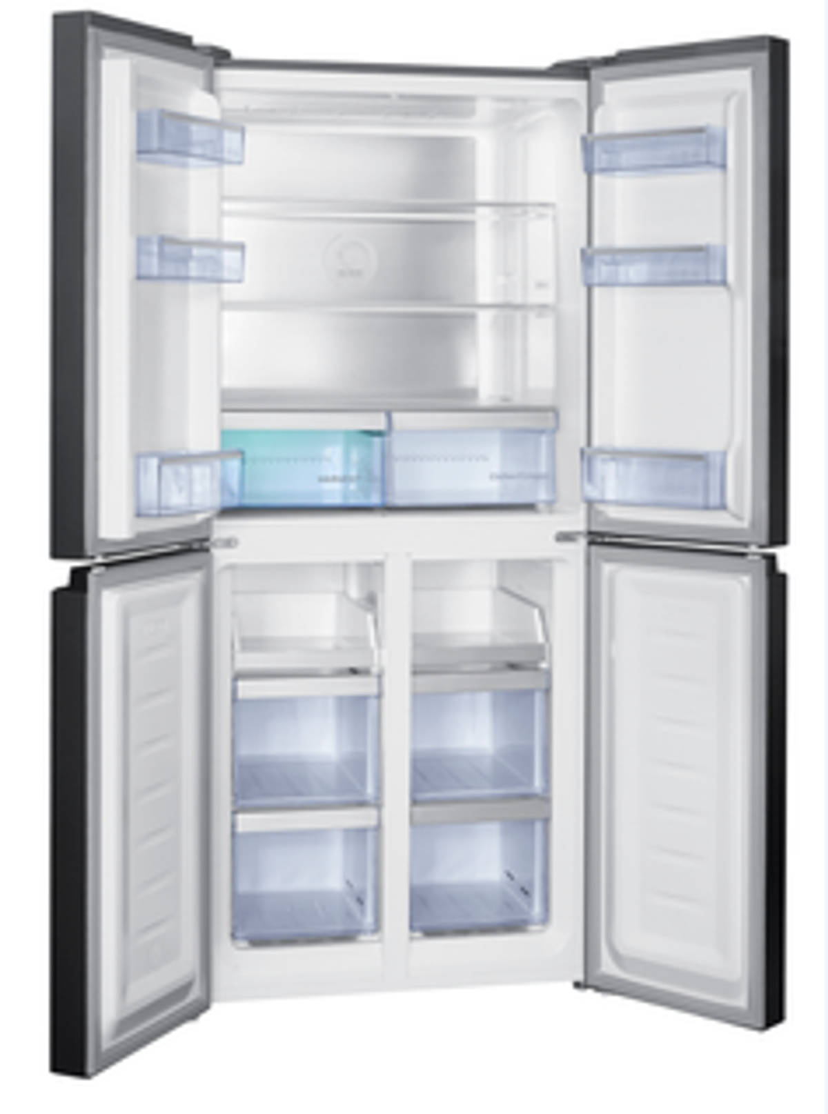 Refrigerador abierto con estantes y cajones, bien organizado.
