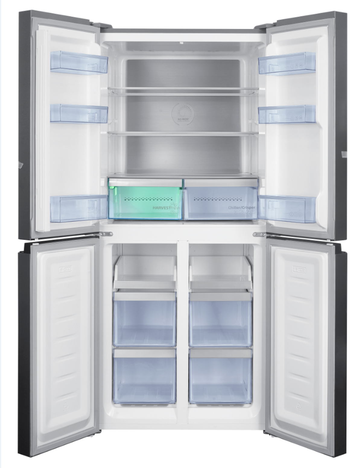 Interior de refrigerador con puertas abiertas. Tiene múltiples estantes, cajones y una parte trasera de acero inoxidable.
