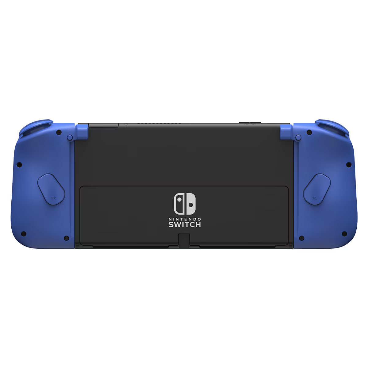 Nintendo Switch Konsole, Rückansicht. Blaue Joy-Con-Controller an einem schwarzen Mittelteil befestigt.
