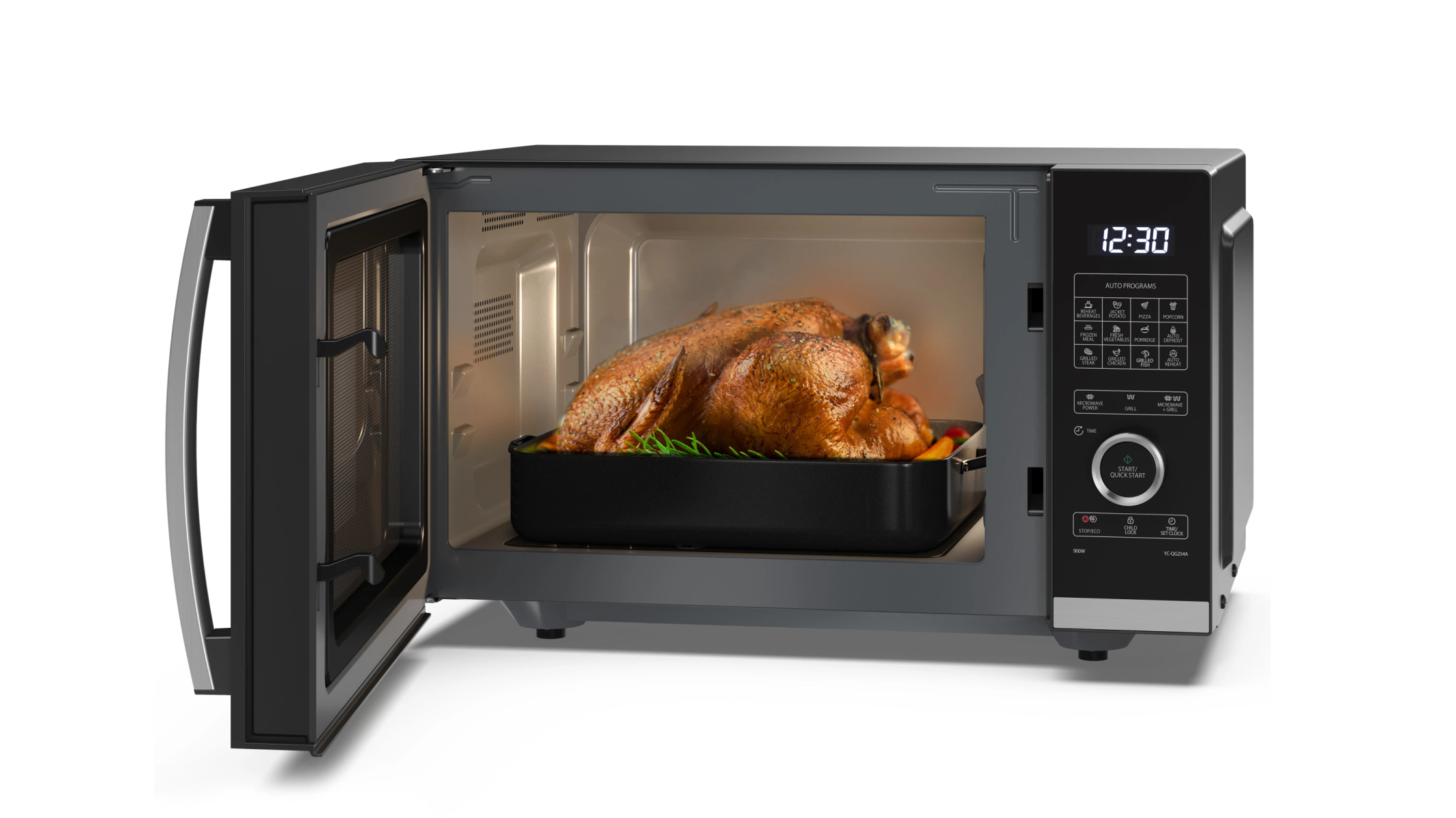 Forno a microonde con porta aperta, mostra un tacchino arrosto in un vassoio nero. Display acceso.