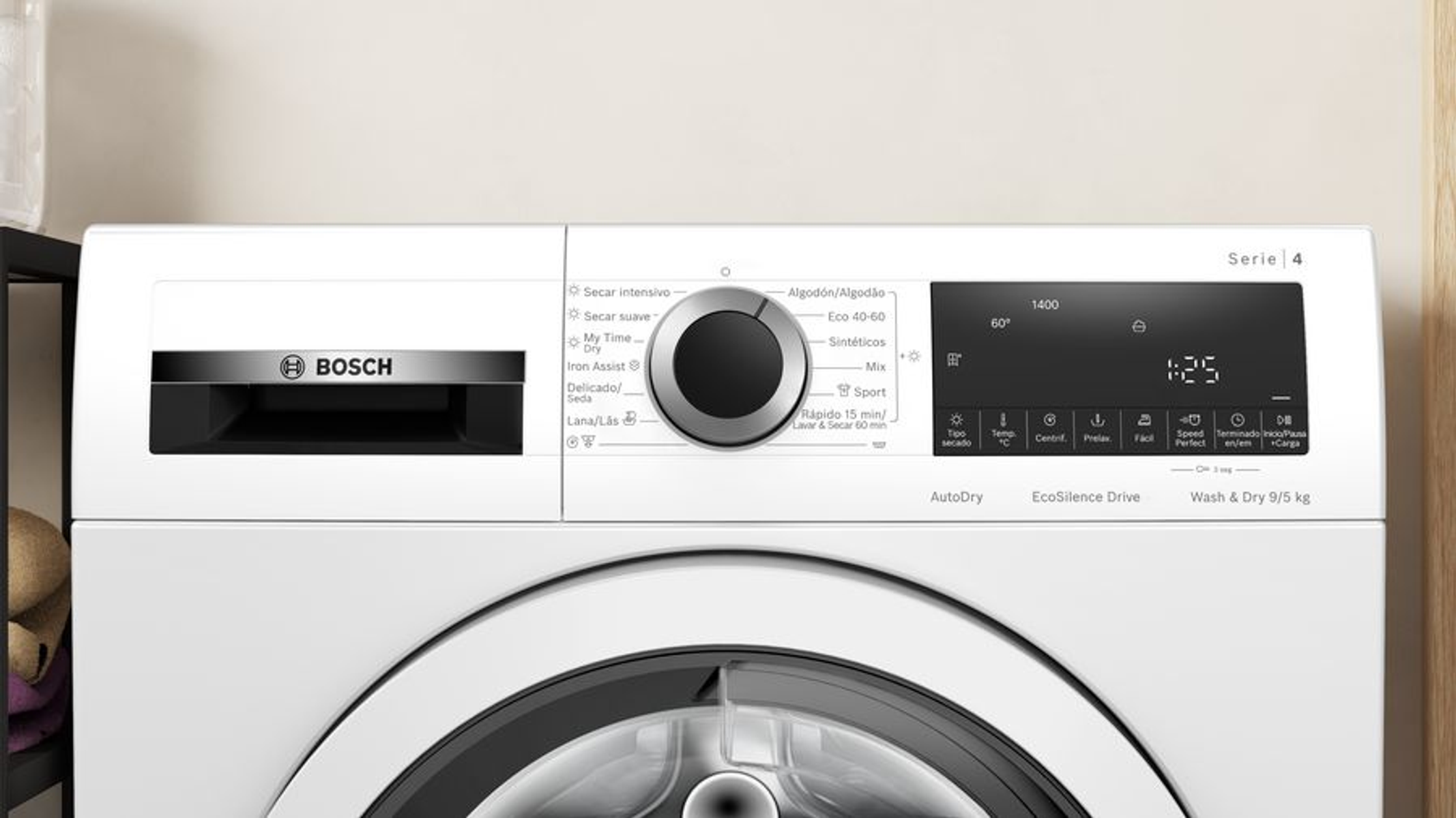 Panel de control de lavadora blanco con dial y pantalla digital. Logotipo de Bosch.