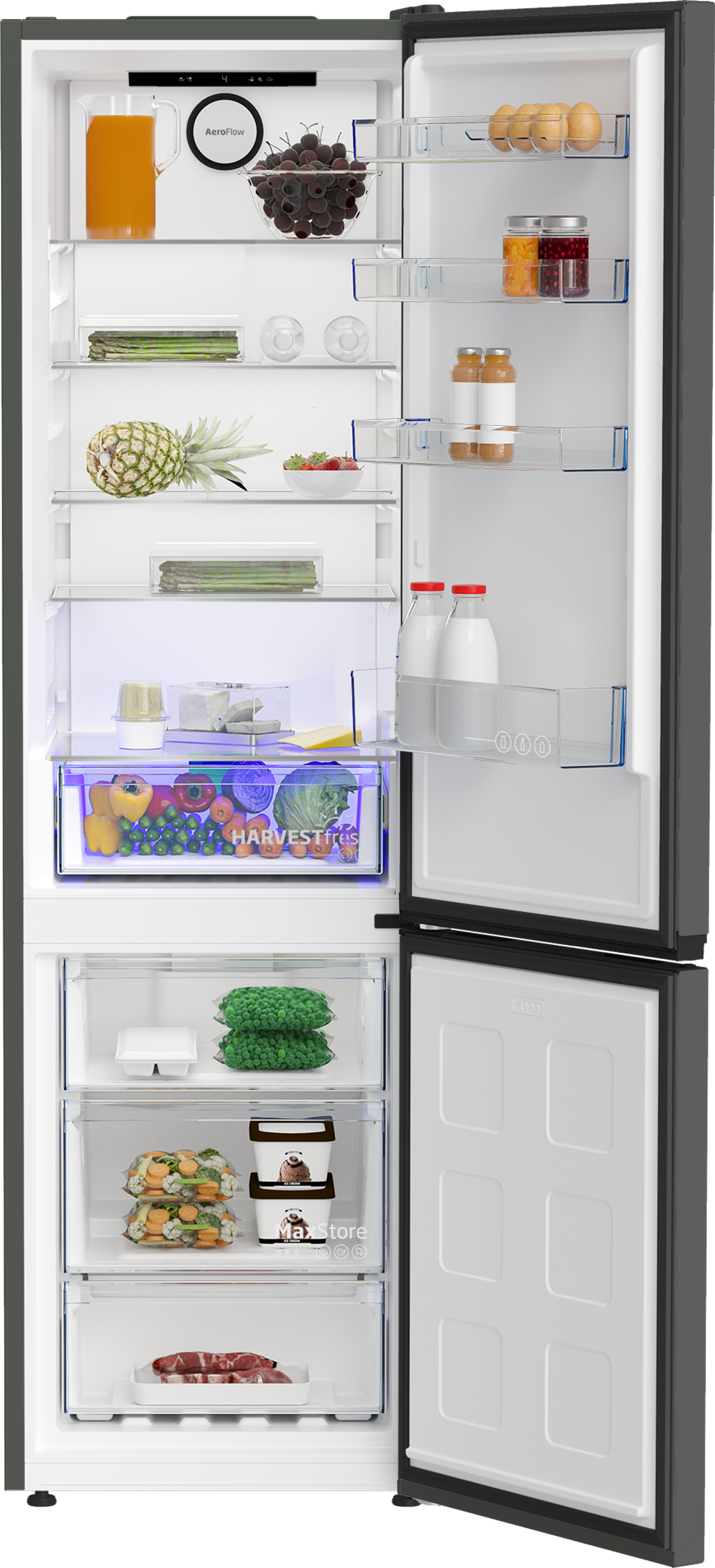 Interior de refrigerador abierto con estantes llenos de alimentos. Incluye frutas, verduras y bebidas.
