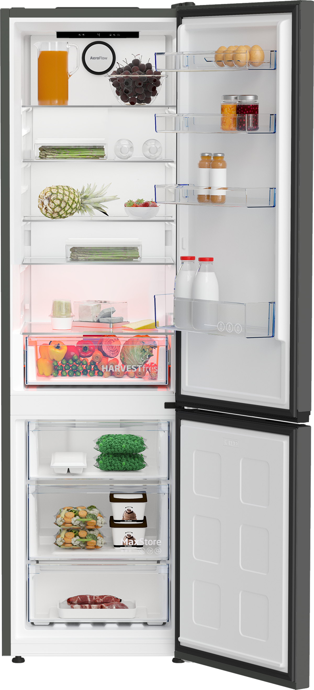 Refrigerador oscuro, abierto. Estantes con comida y congelador. Exterior negro.