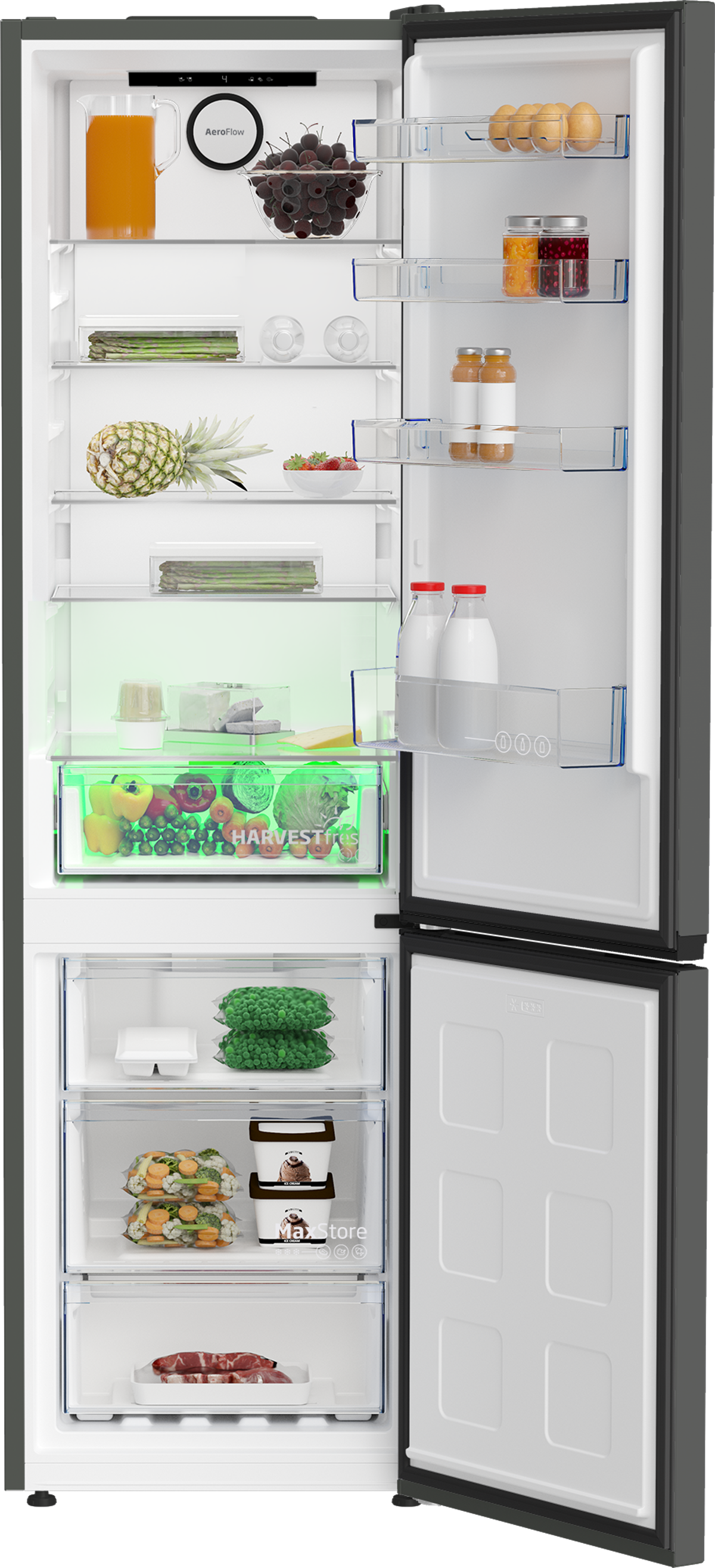 Interior de refrigerador con alimentos y puerta abierta.