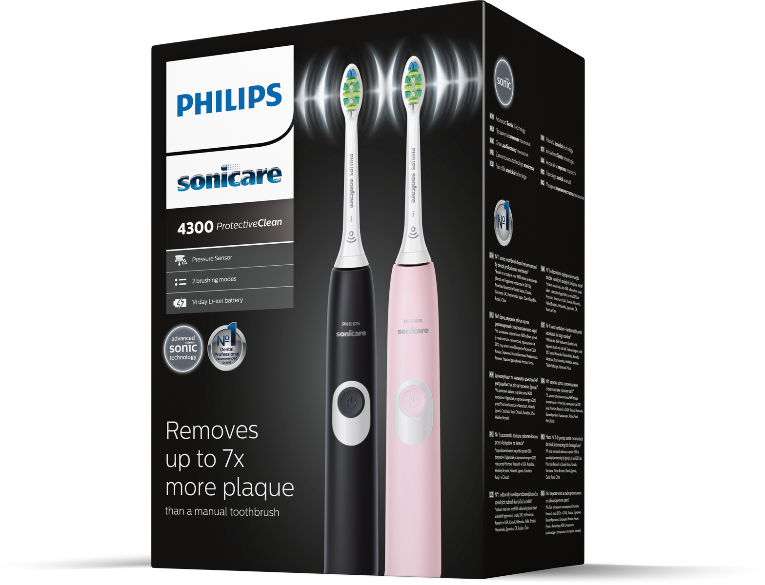 Dos cepillos de dientes eléctricos, negro y rosa, en una caja con detalles de funciones.
