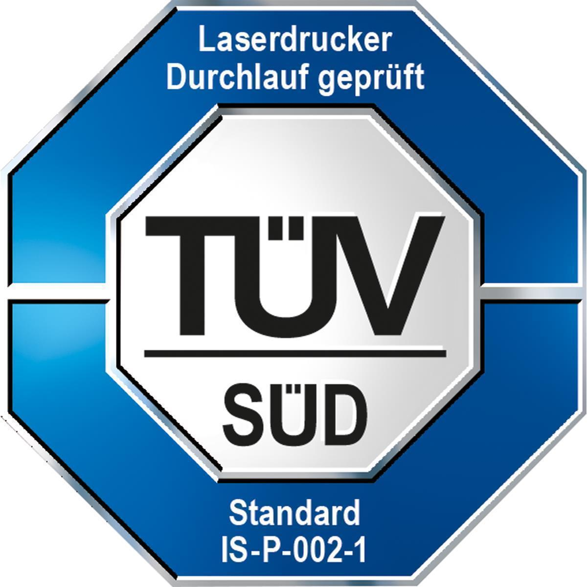 Ein Abzeichen mit blauem und weißem Design, der Text darauf lautet TÜV SÜD und Standard IS-P-002-1.