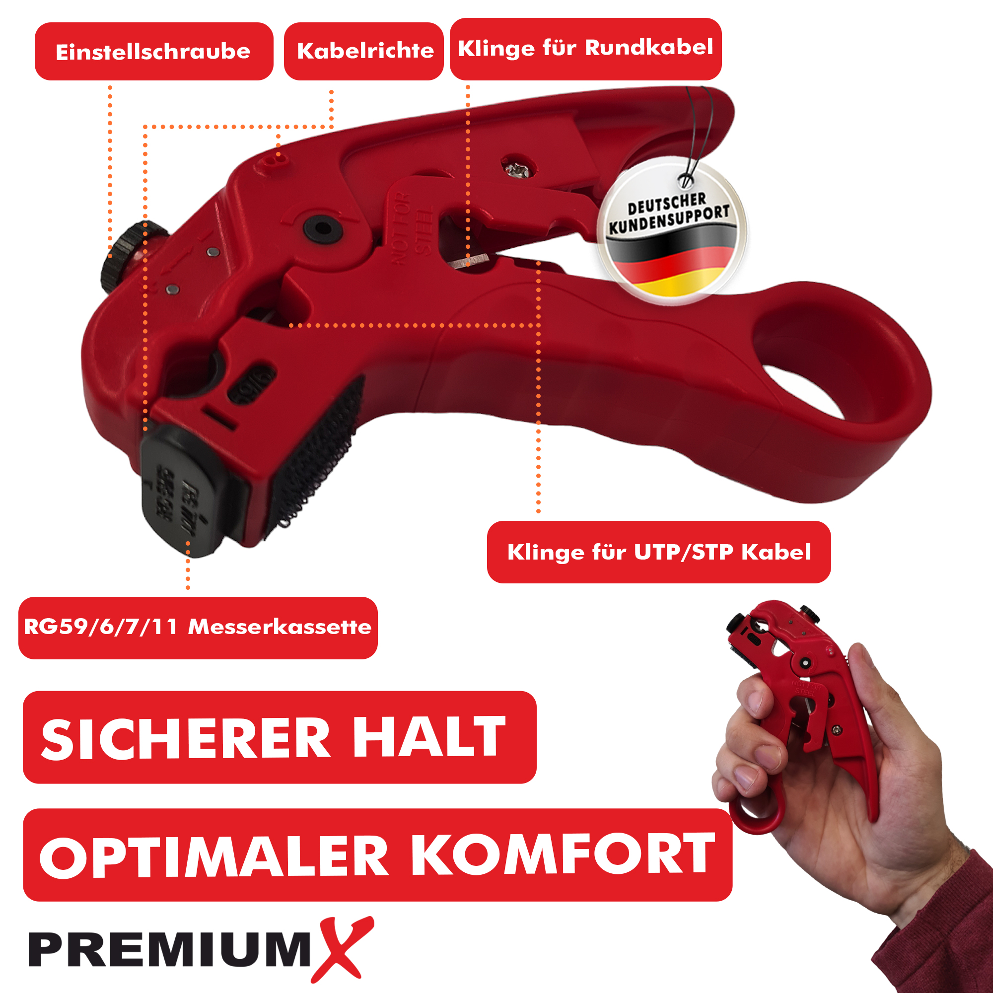 Roter Kabelentferner mit beschrifteten Teilen und eine Hand, die einen kleineren hält.