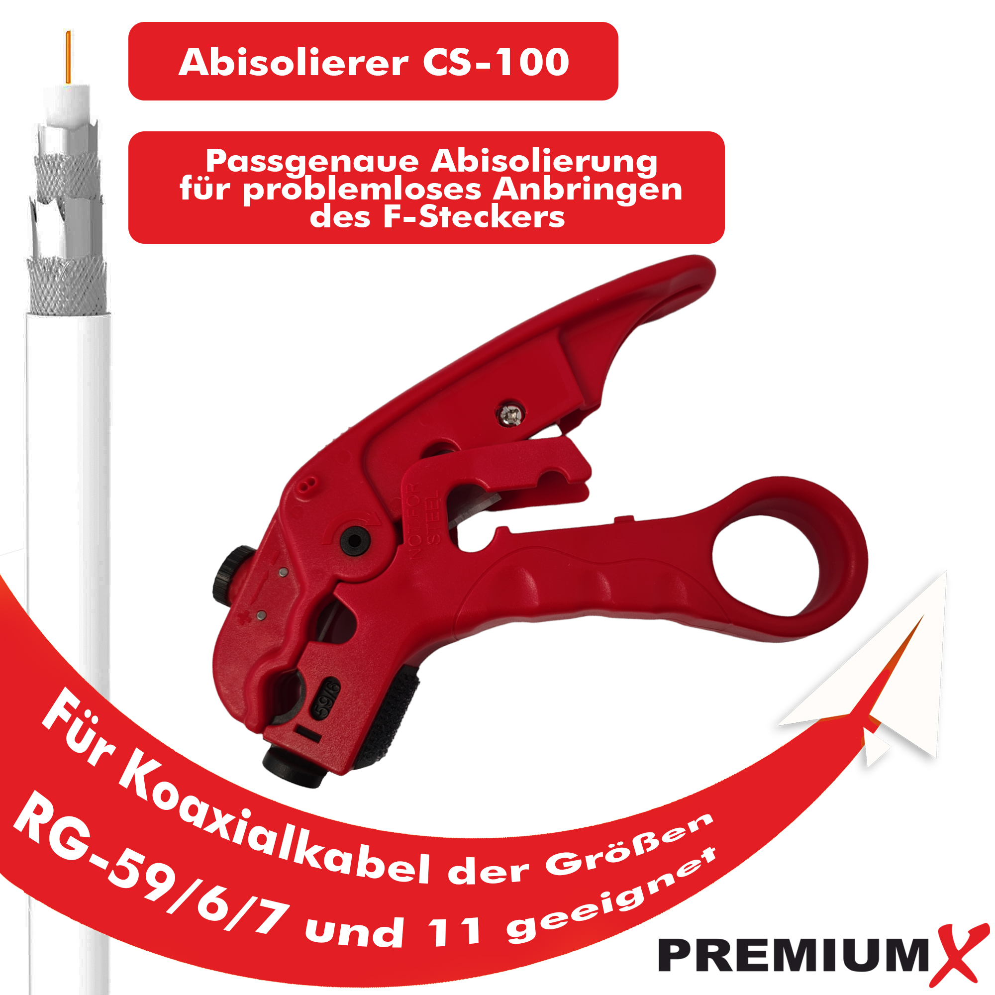 Ein roter Koaxialkabel-Abisolierer mit Text und ein weißes Koaxialkabel auf der linken Seite.