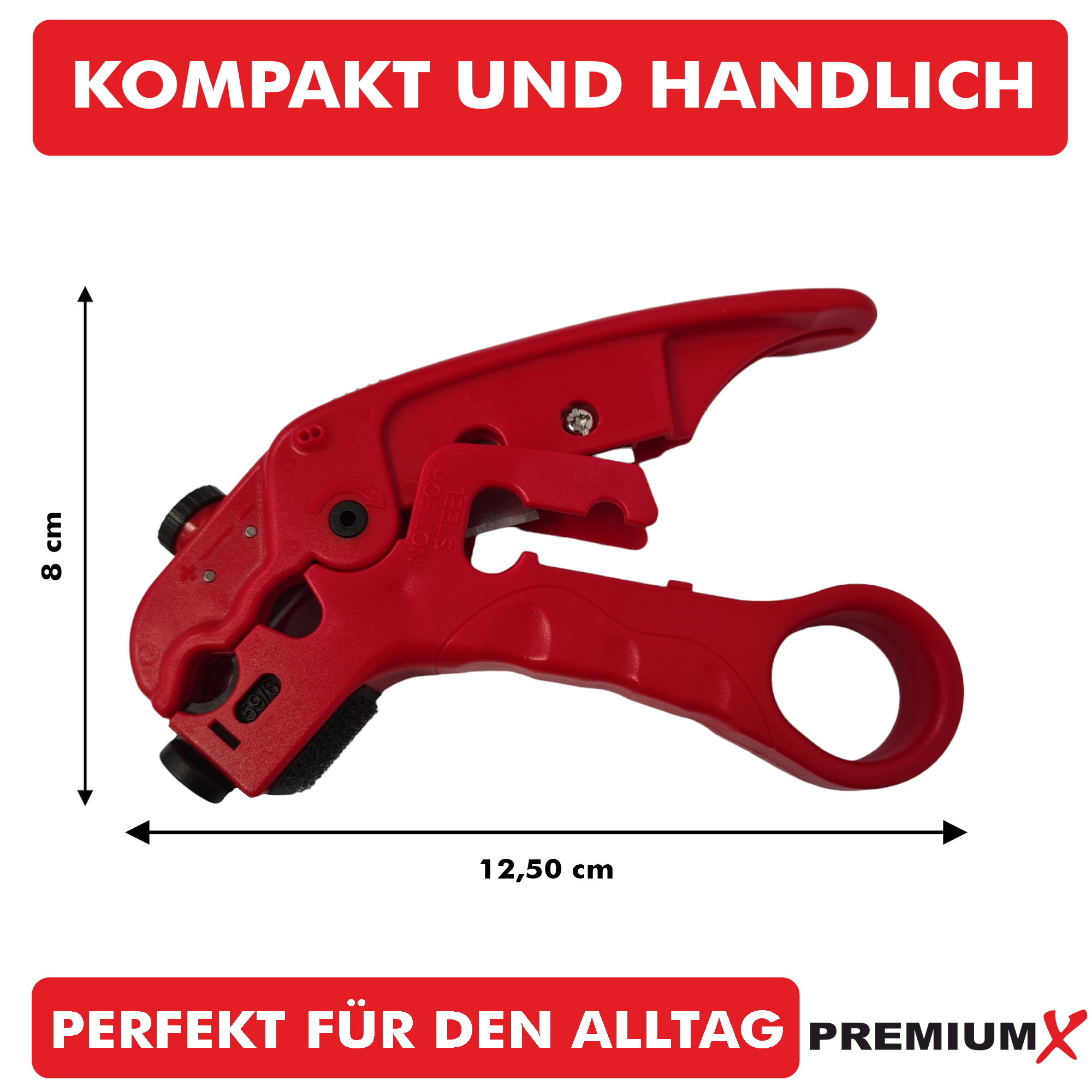 Roter Kabelabisolierer. Abmessungen in cm. Text: Kompakt und handlich.