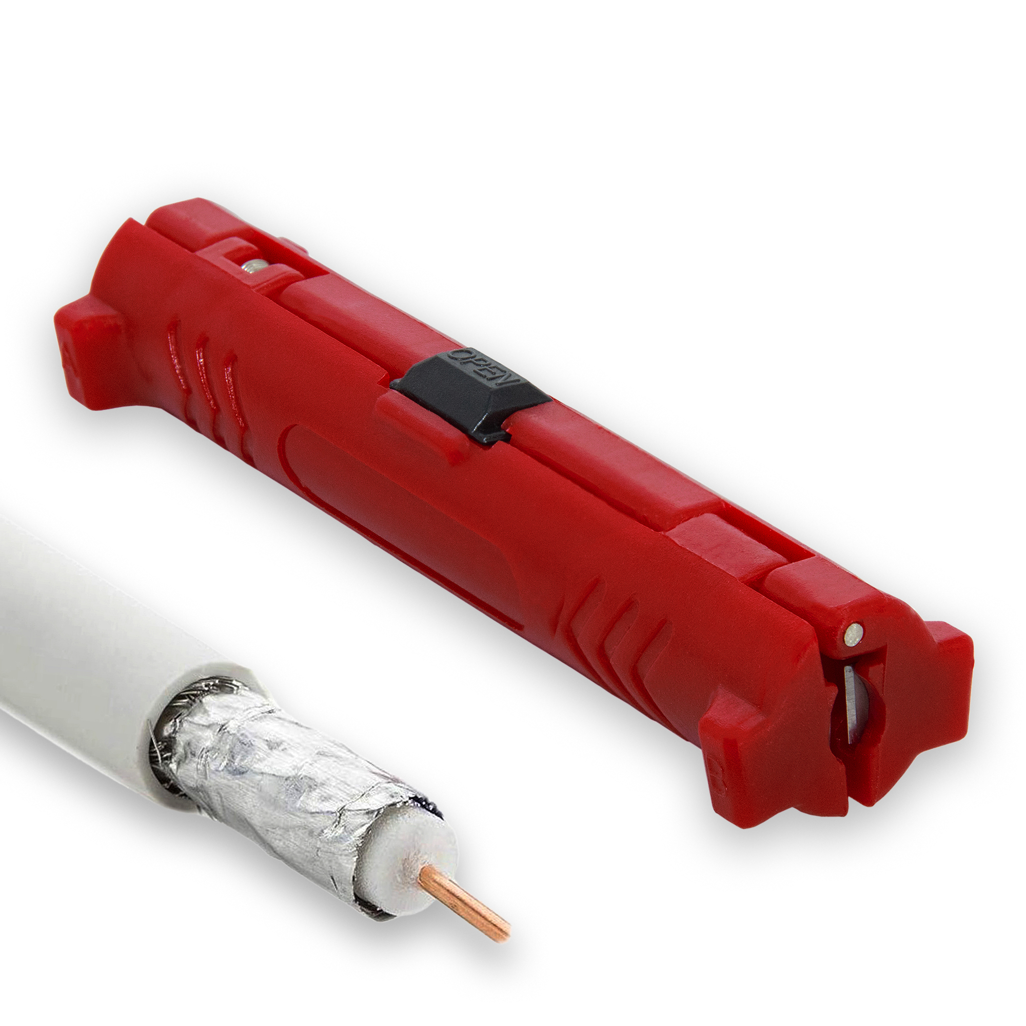 Roter Kabelabisolierer neben einem Kabel mit freiliegendem Kupferdraht.