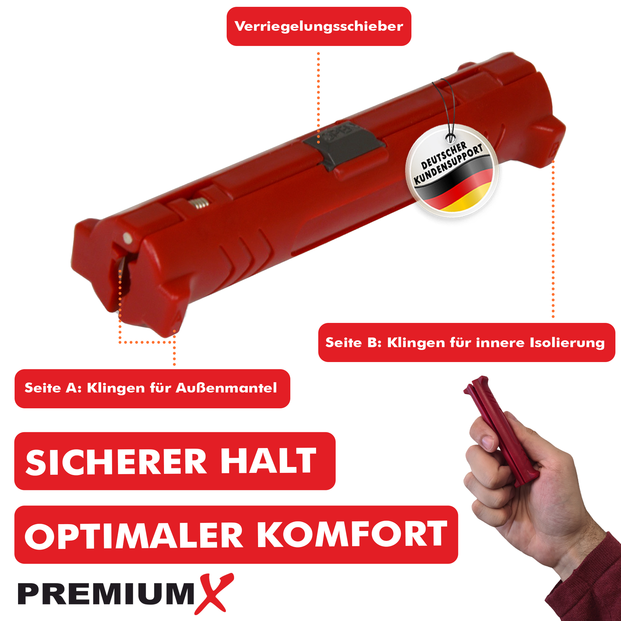 Ein roter Abisolierer mit Textbeschriftungen und einem deutschen Kundensupport-Aufkleber.