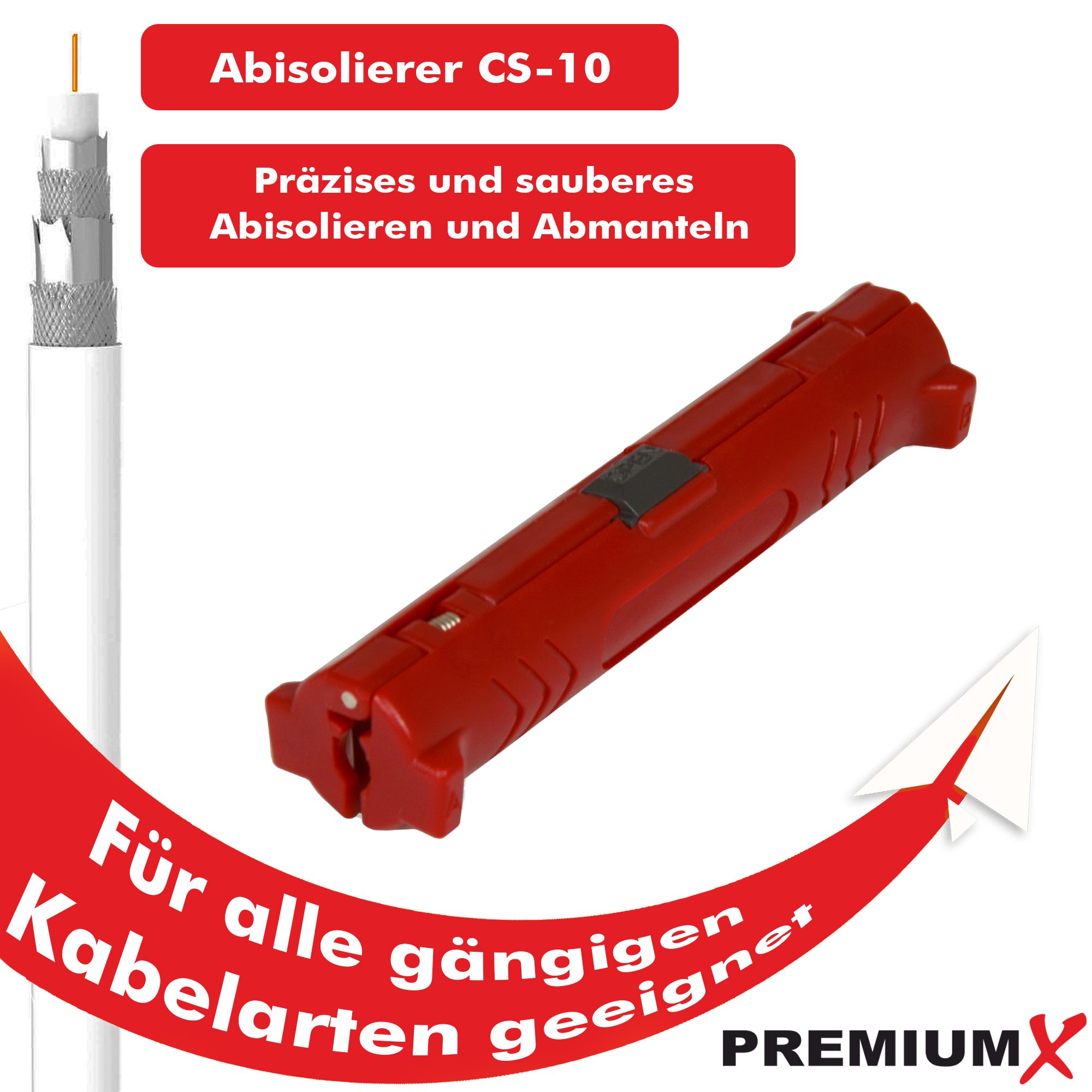 Abisolierzange mit Kabel. Rotes Werkzeug mit Text darauf. Weißes und silbernes Kabel. PremiumX-Logo.