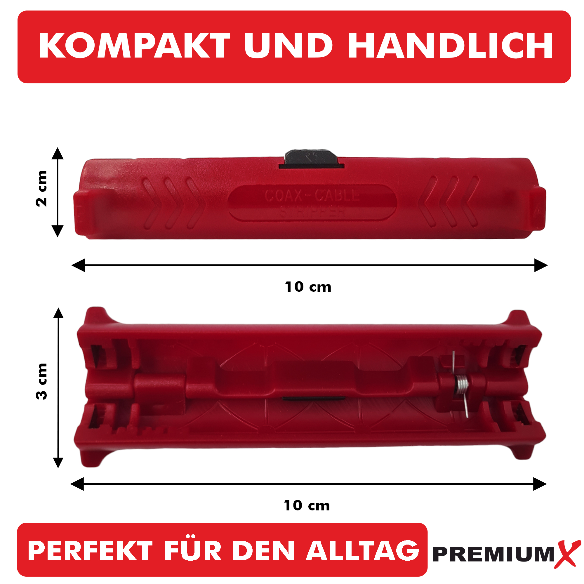 Roter Koaxialkabel-Abisolierer mit Maßangaben, vor weißem Hintergrund. Kompakt und handlich.