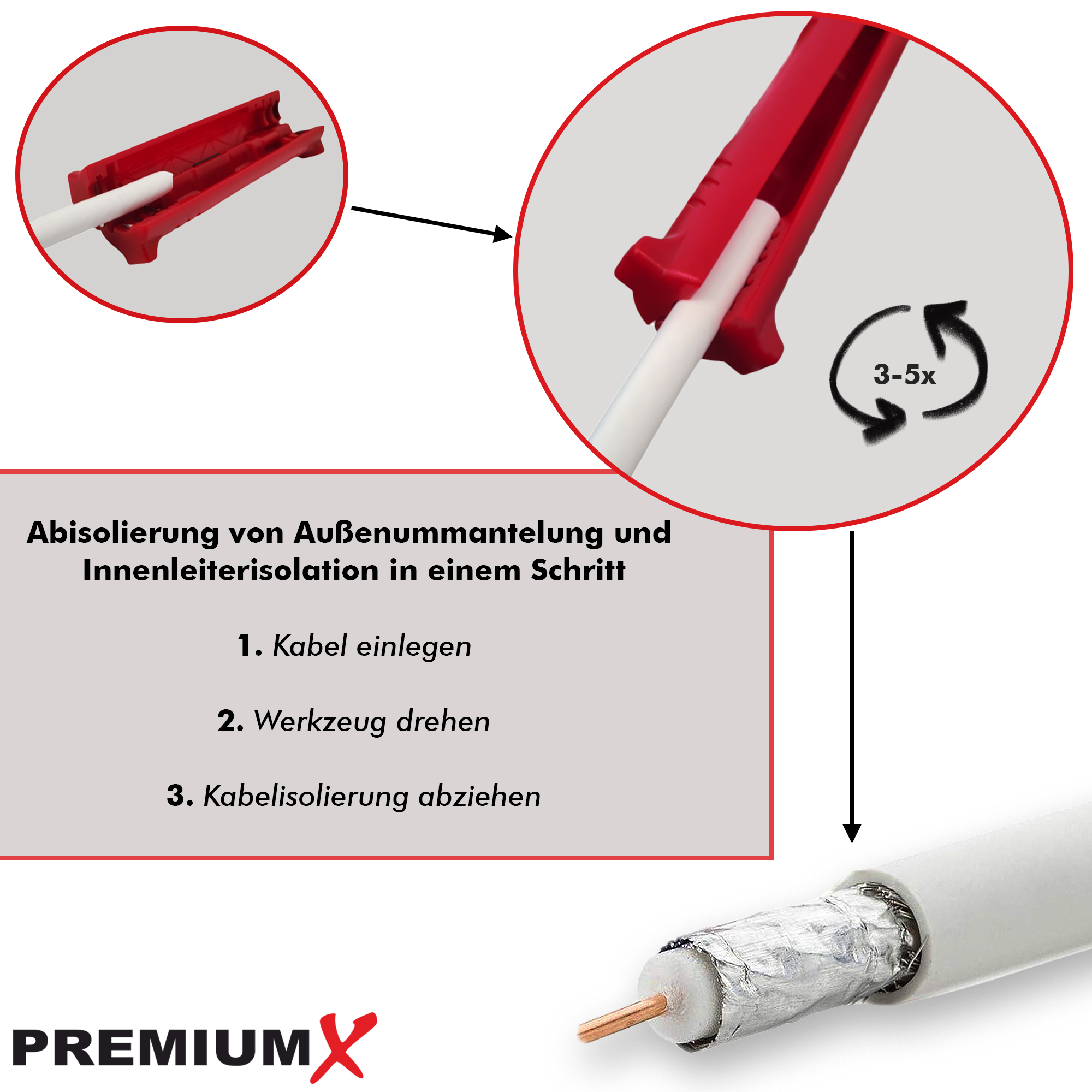 Ein rotes Werkzeug mit Anweisungen zum Abisolieren von Kabeln und Vorbereiten eines Kabelendes.