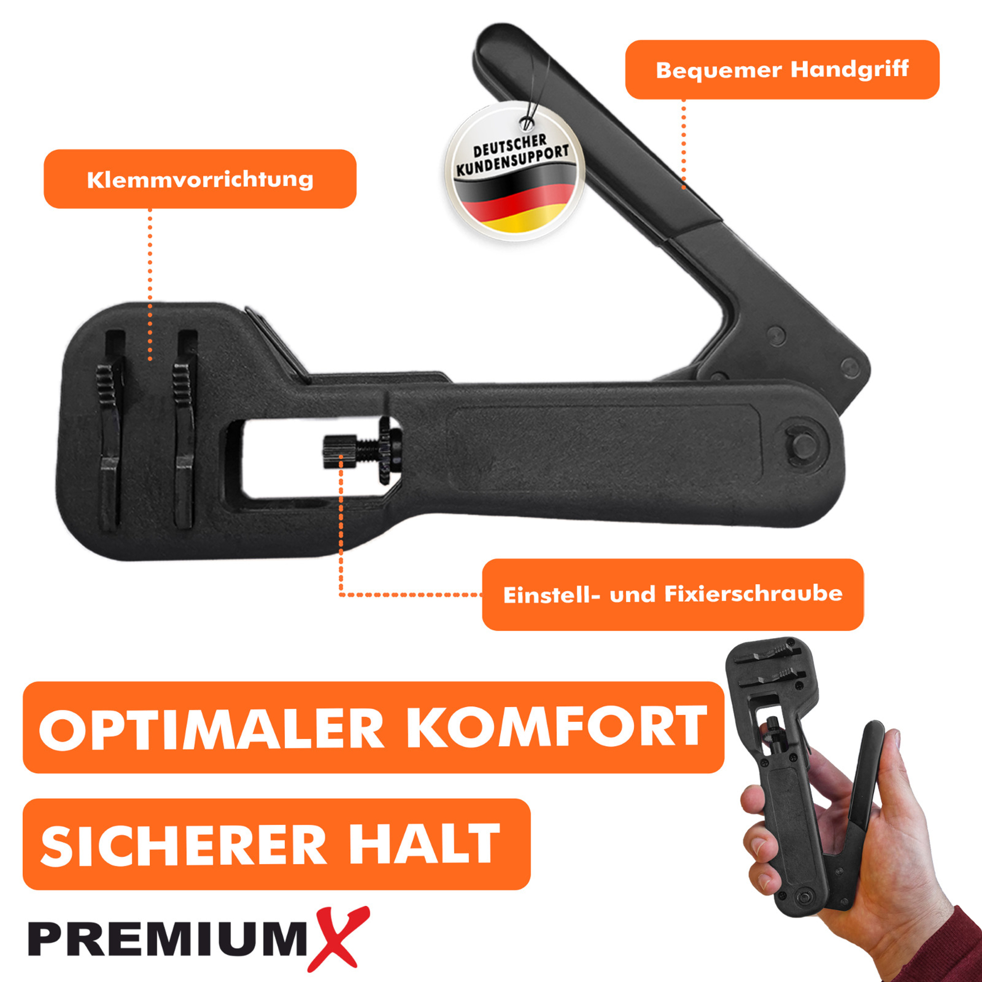 Ein schwarzes Werkzeug mit Klemme und Stellschraube, mit deutschem Text für Komfort und sicheren Halt beschriftet.