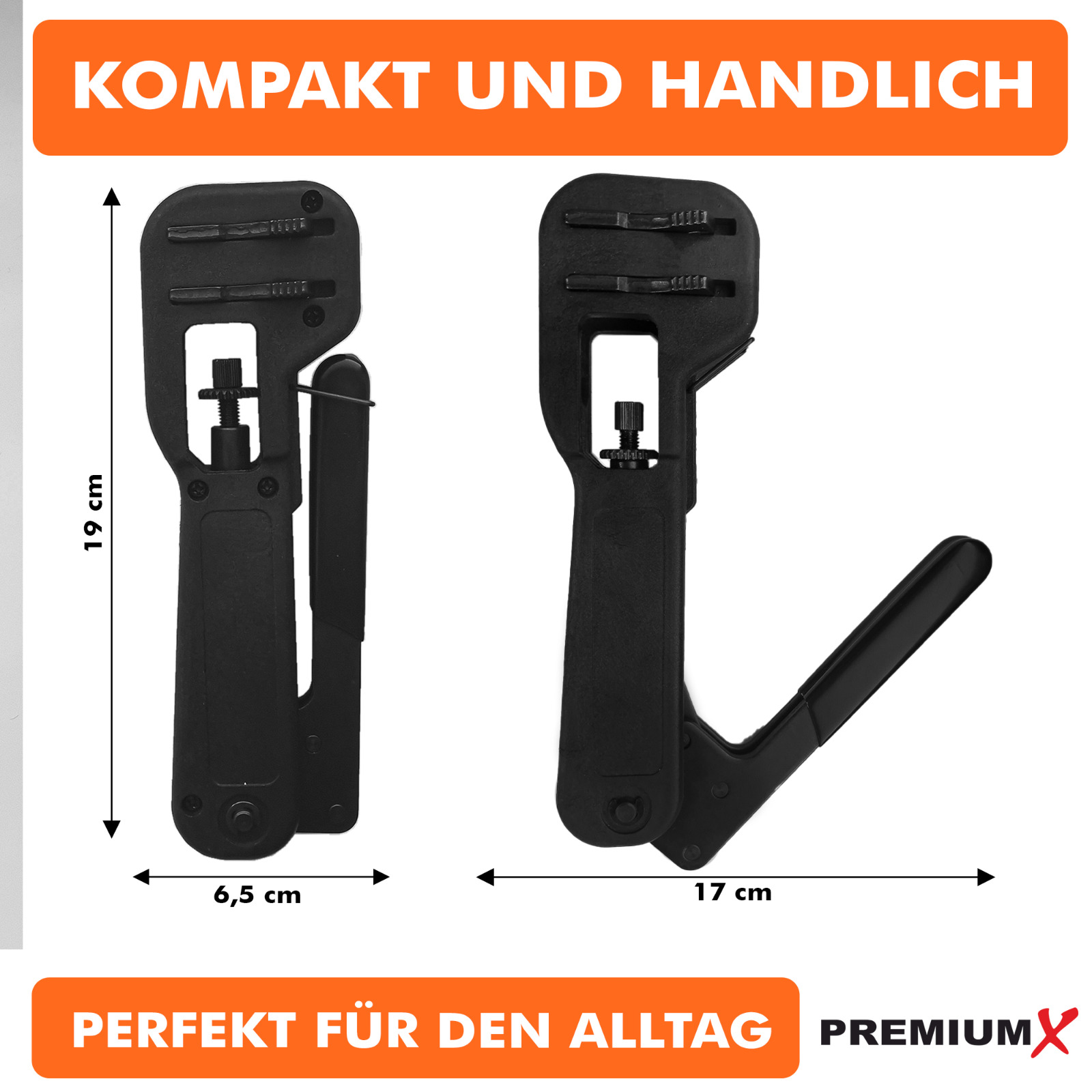 Zwei schwarze Crimpzangen mit Abmessungen und Text auf weißem Hintergrund. Eines ist 19 cm lang.