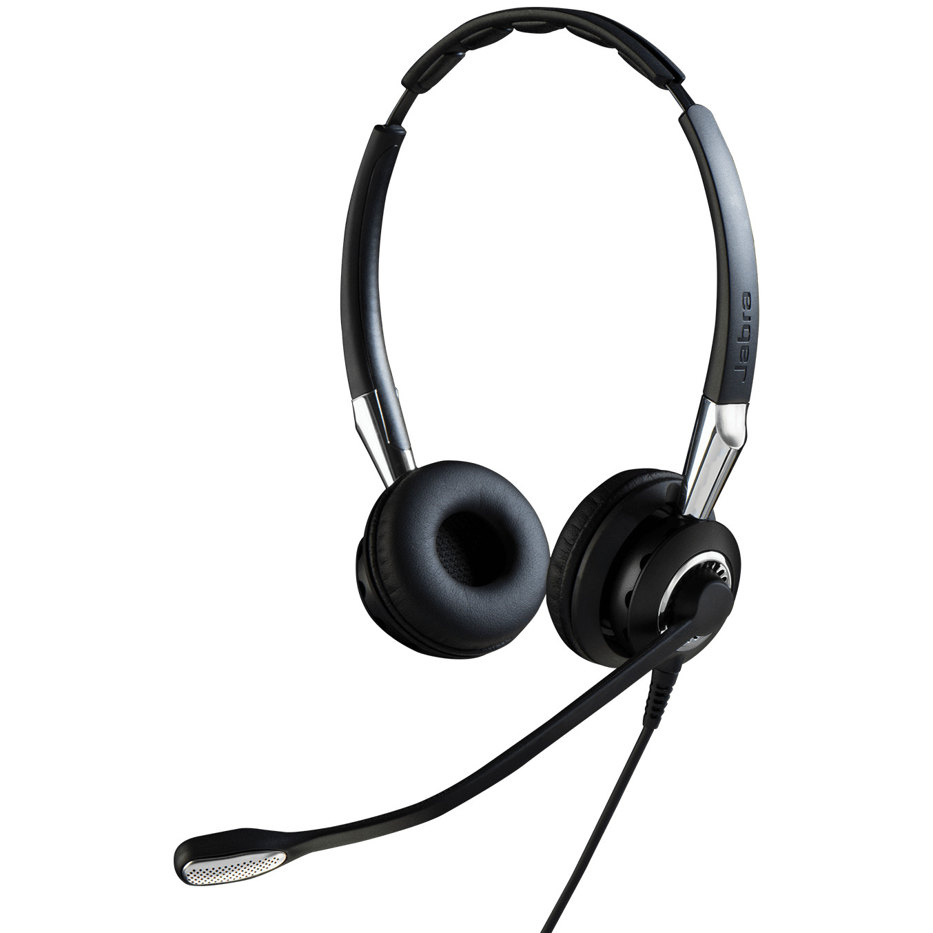 Black Jabra headset with a microphone. Gray band on top. Black ear pads.  Black background.